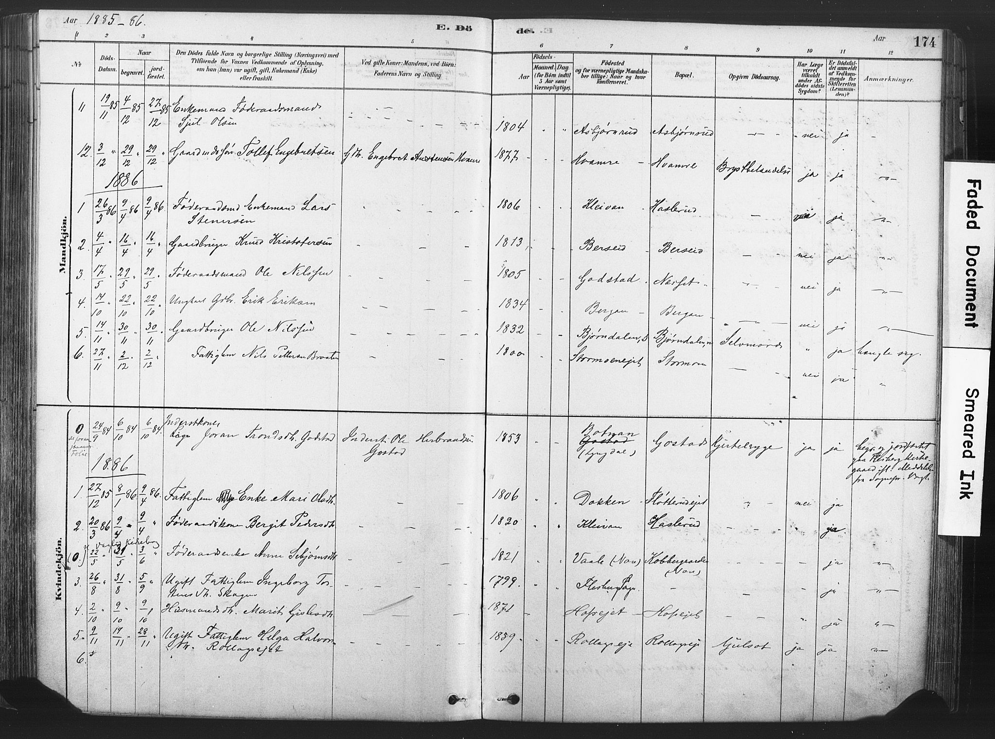 Rollag kirkebøker, AV/SAKO-A-240/F/Fa/L0011: Parish register (official) no. I 11, 1878-1902, p. 174