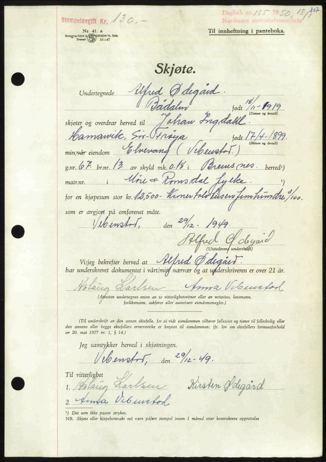 Nordmøre sorenskriveri, AV/SAT-A-4132/1/2/2Ca: Mortgage book no. A113, 1949-1950, Diary no: : 185/1950