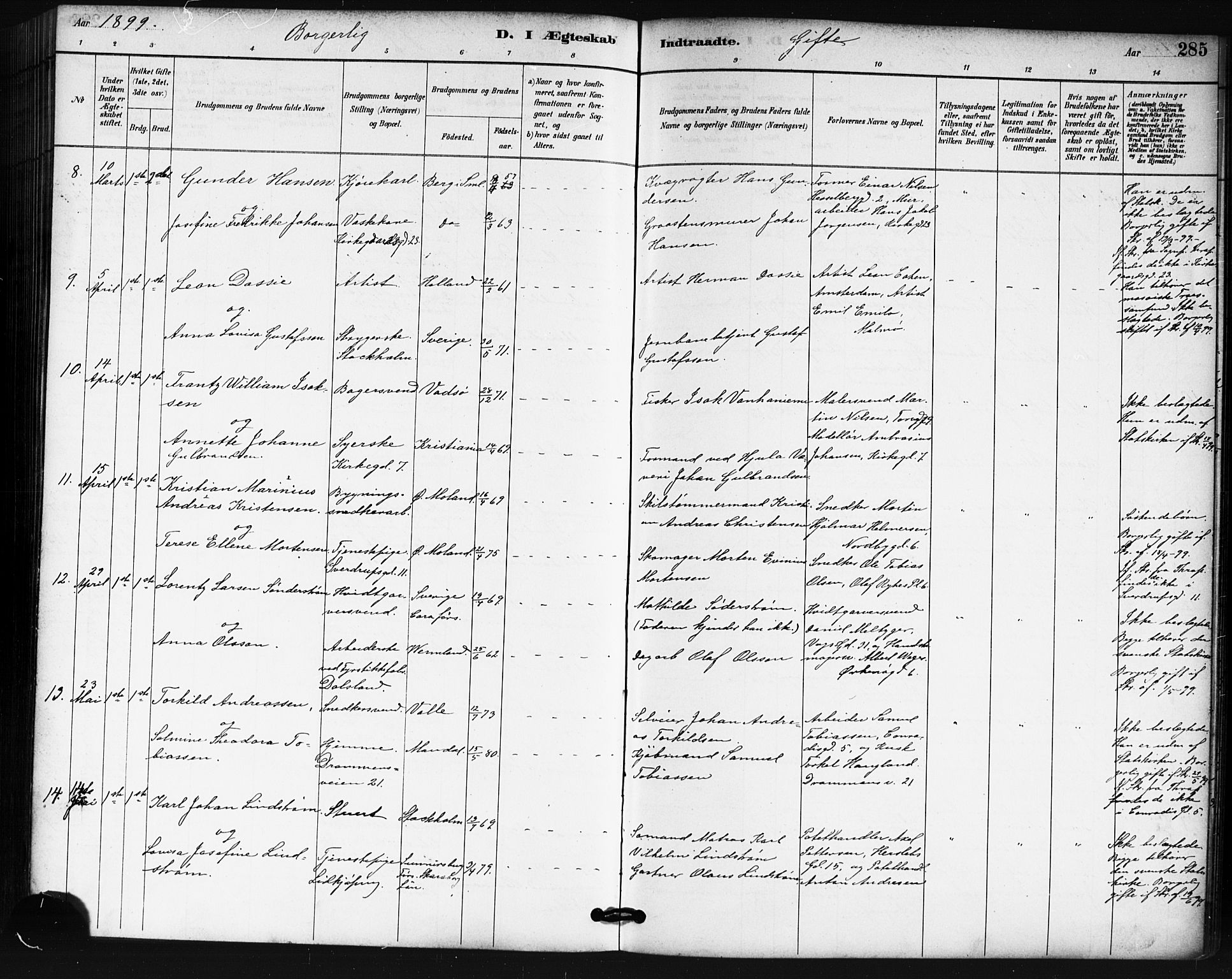 Oslo domkirke Kirkebøker, SAO/A-10752/F/Fa/L0032: Parish register (official) no. 32, 1885-1902, p. 285