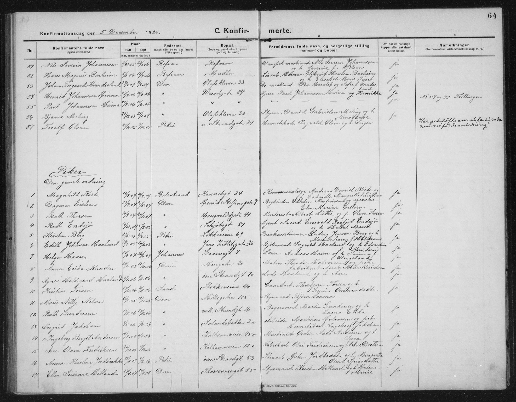 Domkirken sokneprestkontor, AV/SAST-A-101812/002/A/L0019: Parish register (official) no. A 35, 1916-1932, p. 64