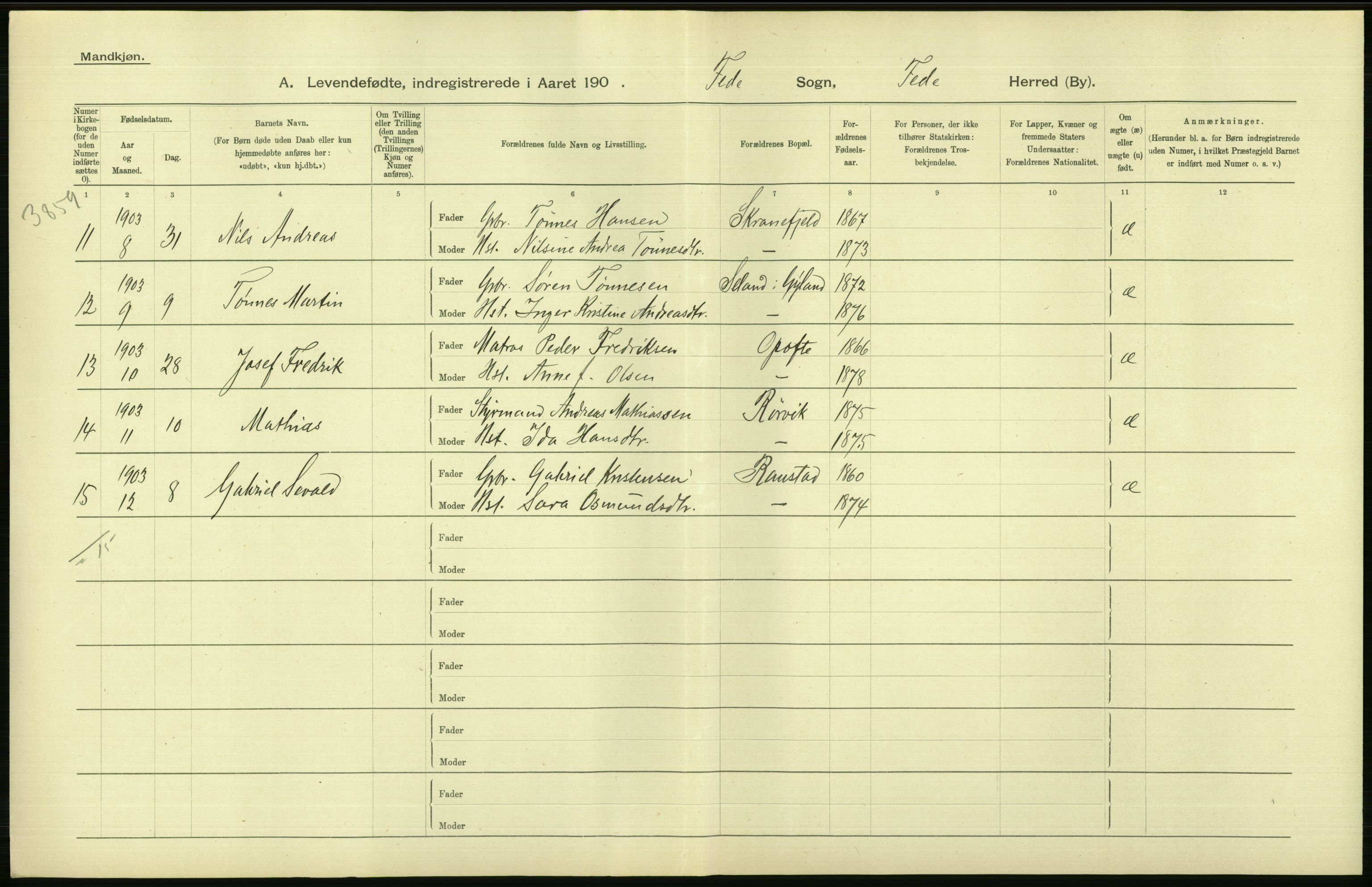 Statistisk sentralbyrå, Sosiodemografiske emner, Befolkning, AV/RA-S-2228/D/Df/Dfa/Dfaa/L0011: Lister og Mandal amt: Fødte, gifte, døde, 1903, p. 34