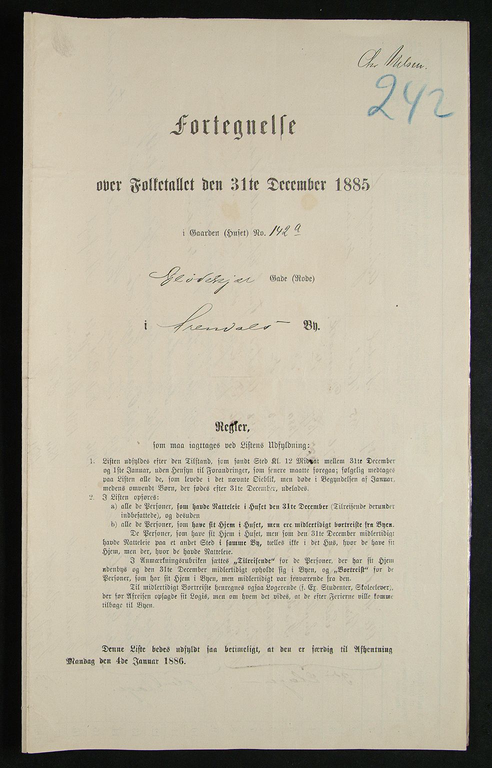 SAK, 1885 census for 0903 Arendal, 1885, p. 242