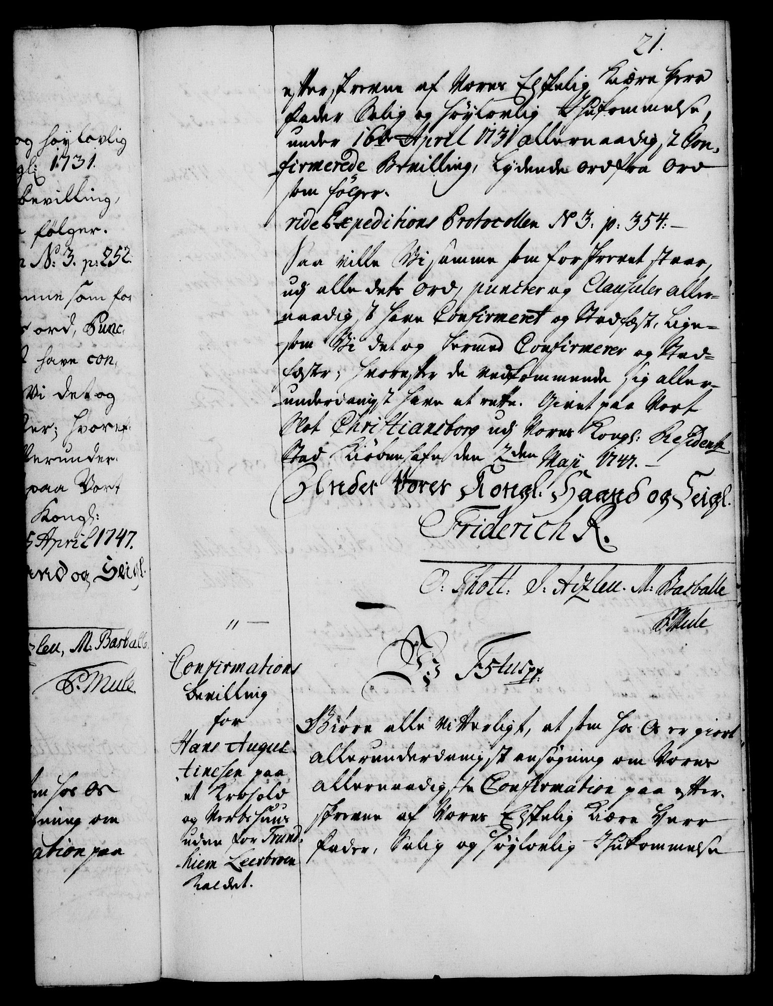 Rentekammeret, Kammerkanselliet, RA/EA-3111/G/Gg/Ggc/Ggca/L0001: Norsk konfirmasjonsekspedisjonsprotokoll med register (merket RK 53.23), 1746-1750, p. 21