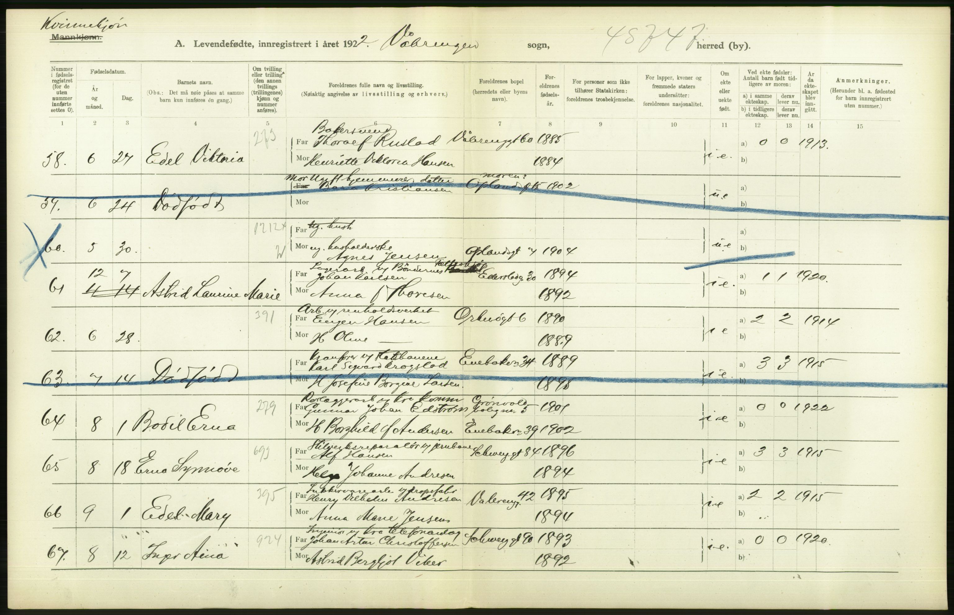Statistisk sentralbyrå, Sosiodemografiske emner, Befolkning, AV/RA-S-2228/D/Df/Dfc/Dfcb/L0007: Kristiania: Levendefødte menn og kvinner., 1922, p. 554