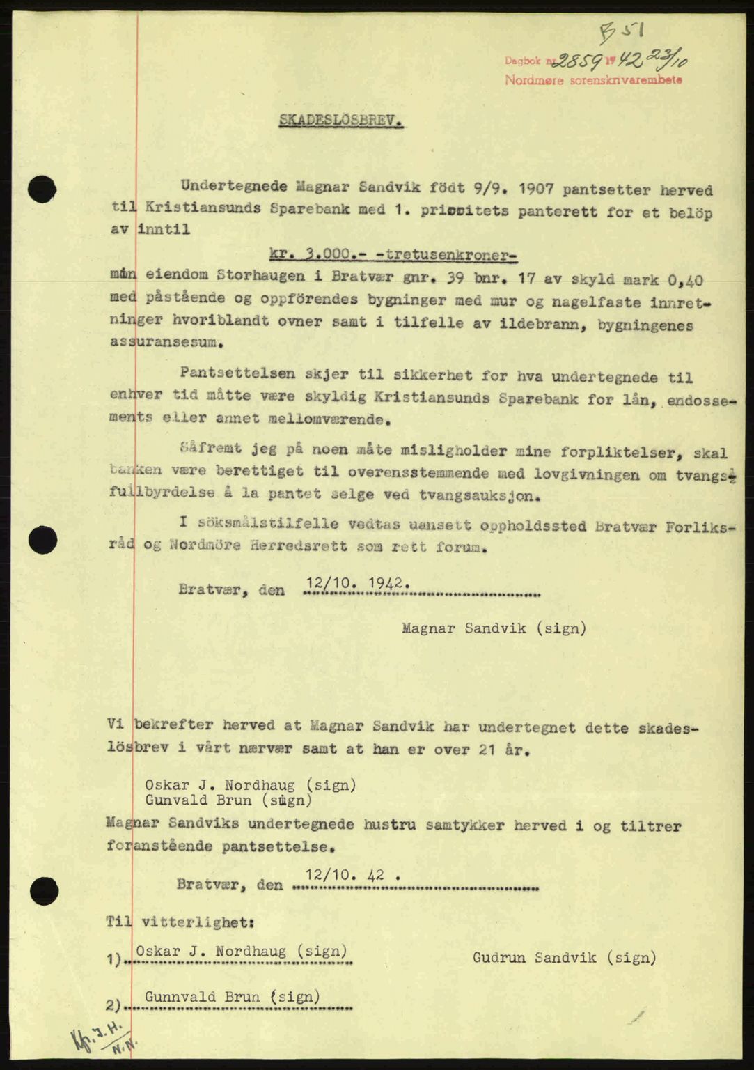 Nordmøre sorenskriveri, AV/SAT-A-4132/1/2/2Ca: Mortgage book no. B90, 1942-1943, Diary no: : 2859/1942