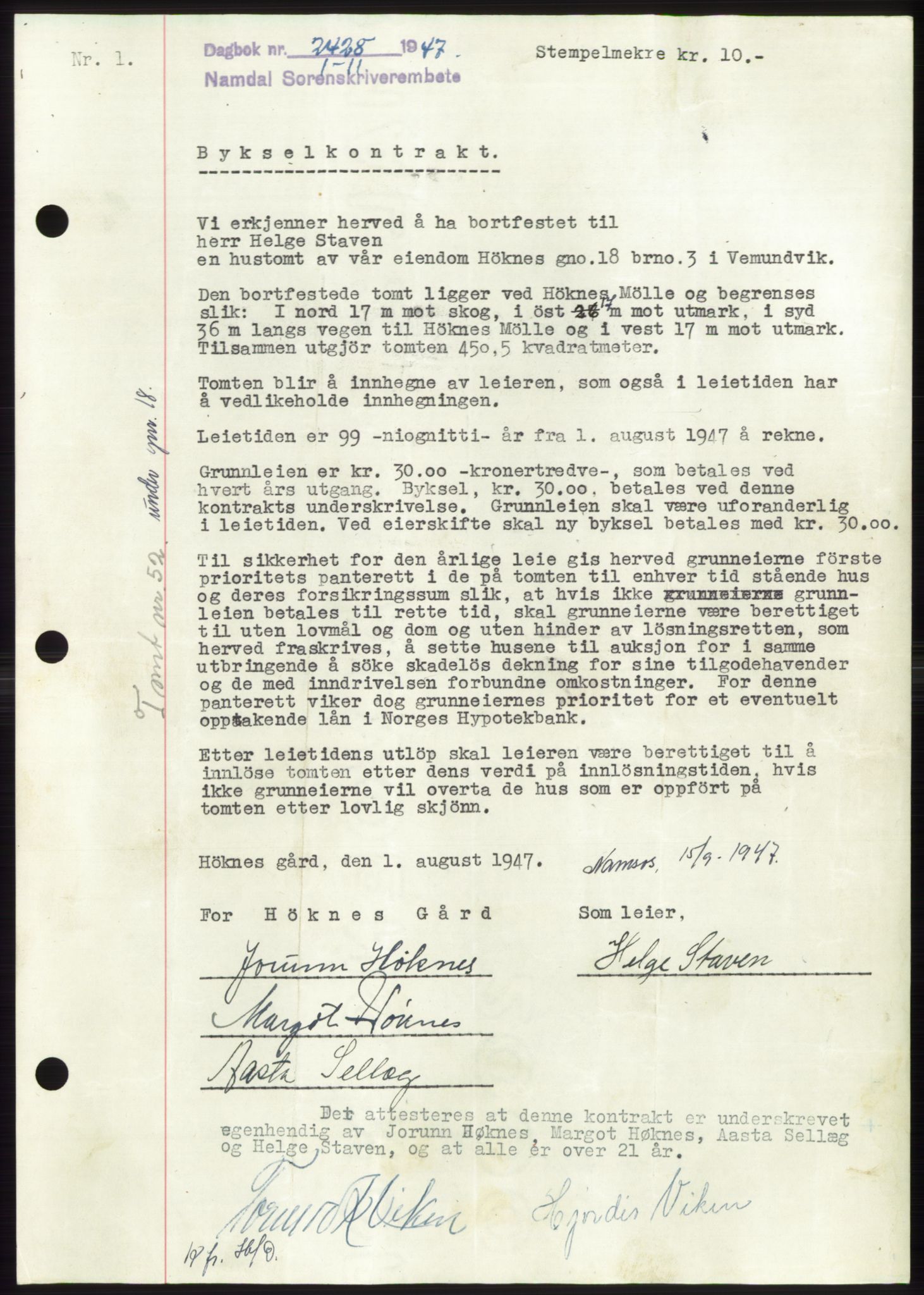 Namdal sorenskriveri, SAT/A-4133/1/2/2C: Mortgage book no. -, 1947-1948, Diary no: : 2428/1947