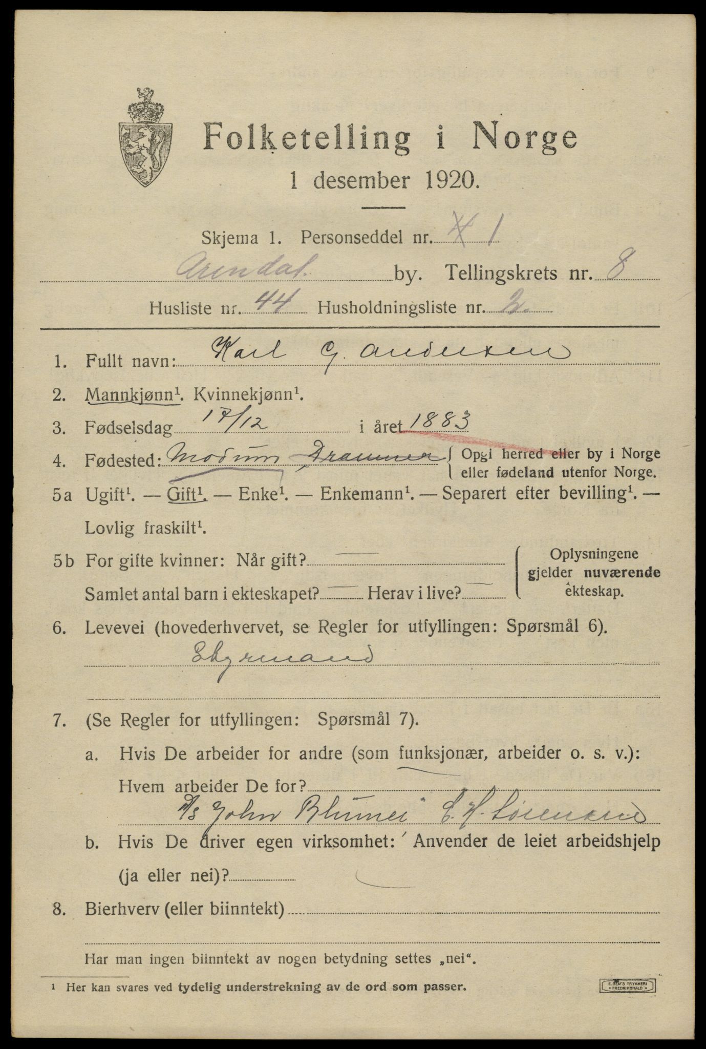 SAK, 1920 census for Arendal, 1920, p. 16052