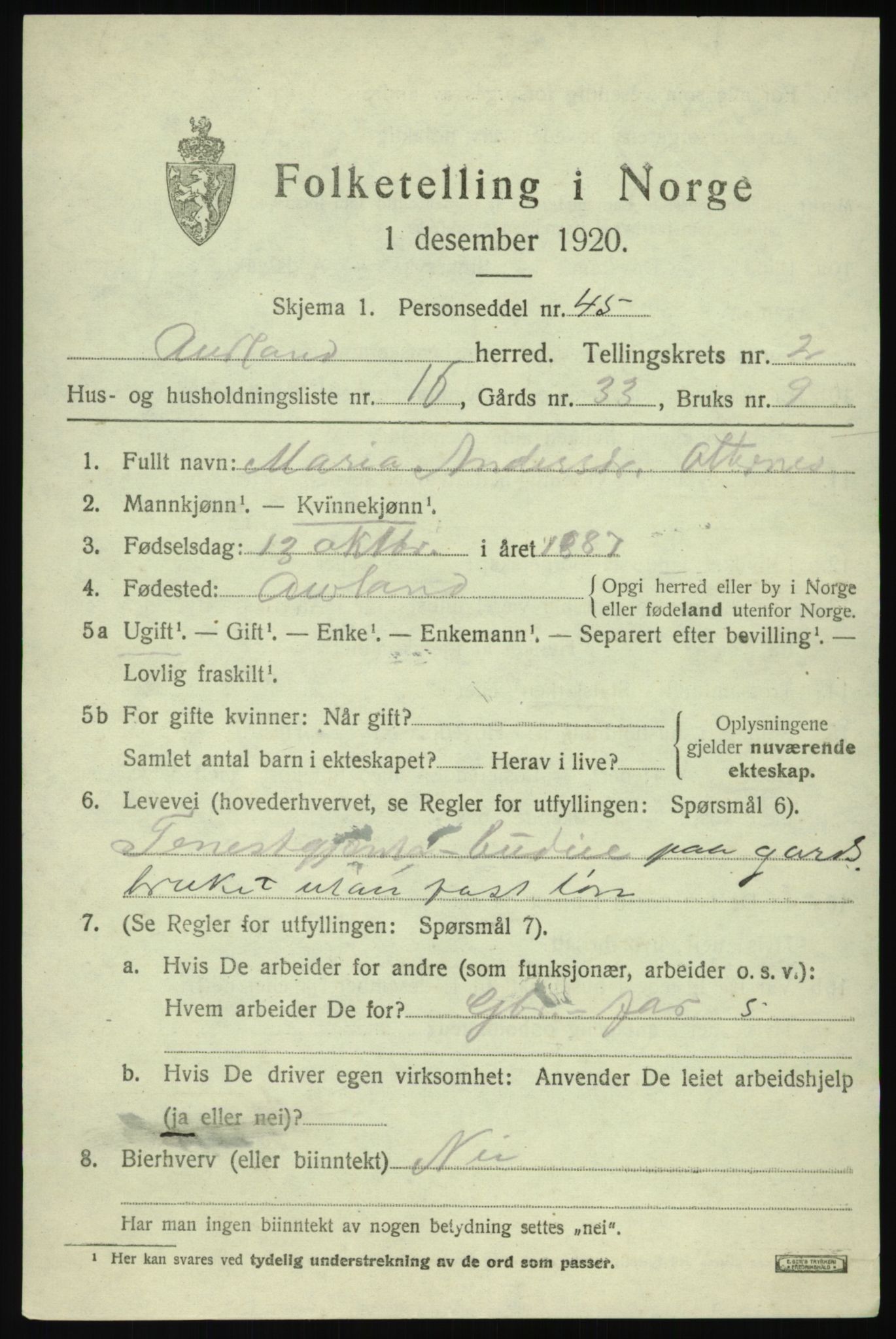 SAB, 1920 census for Aurland, 1920, p. 1918