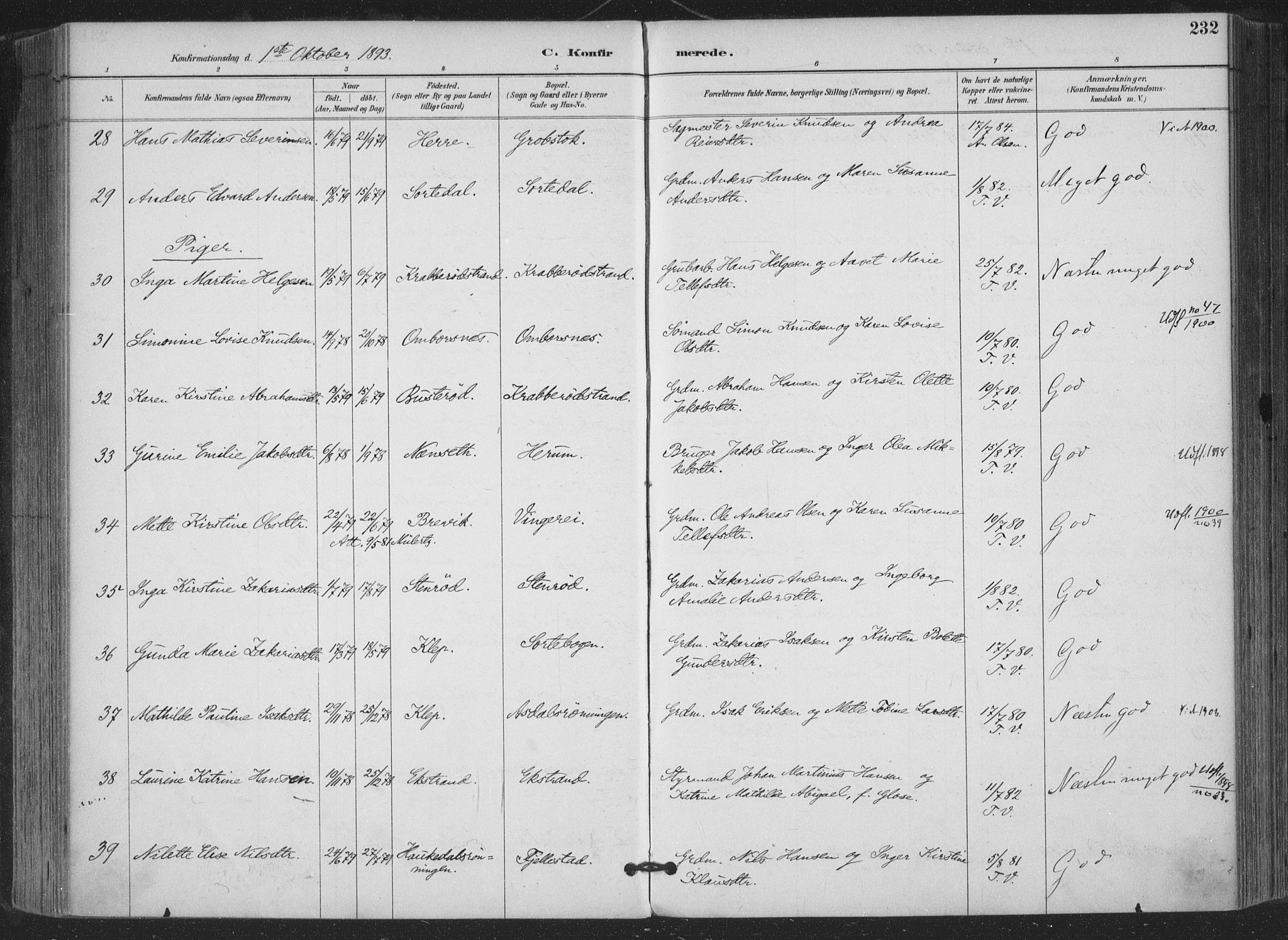 Bamble kirkebøker, AV/SAKO-A-253/F/Fa/L0008: Parish register (official) no. I 8, 1888-1900, p. 232