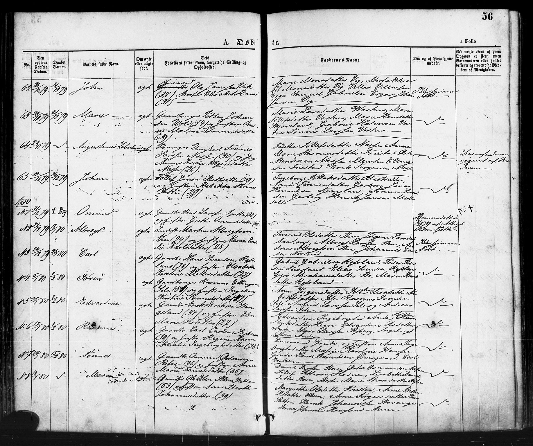 Klepp sokneprestkontor, AV/SAST-A-101803/001/3/30BA/L0006: Parish register (official) no. A 6, 1871-1885, p. 56