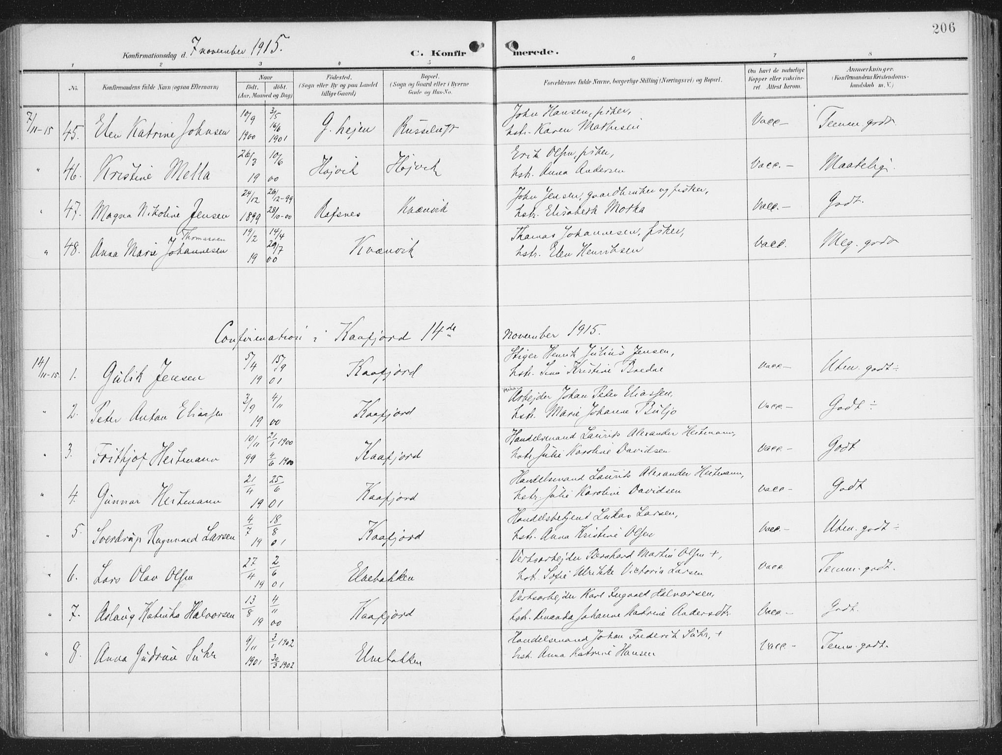 Alta sokneprestkontor, SATØ/S-1338/H/Ha/L0005.kirke: Parish register (official) no. 5, 1904-1918, p. 206