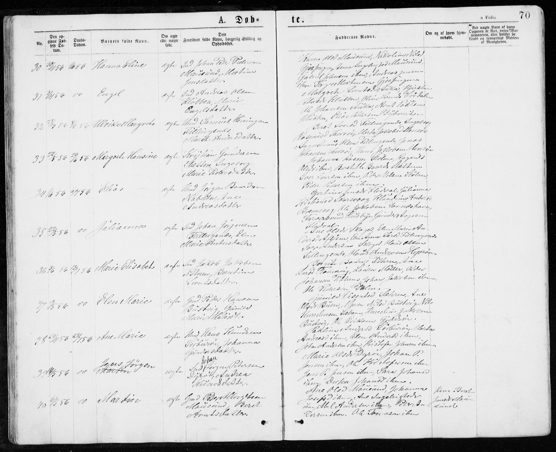 Ministerialprotokoller, klokkerbøker og fødselsregistre - Sør-Trøndelag, SAT/A-1456/640/L0576: Parish register (official) no. 640A01, 1846-1876, p. 70