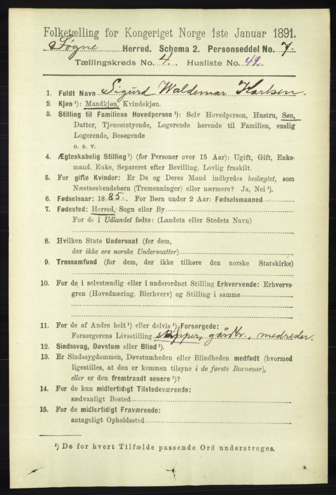 RA, 1891 census for 1018 Søgne, 1891, p. 823