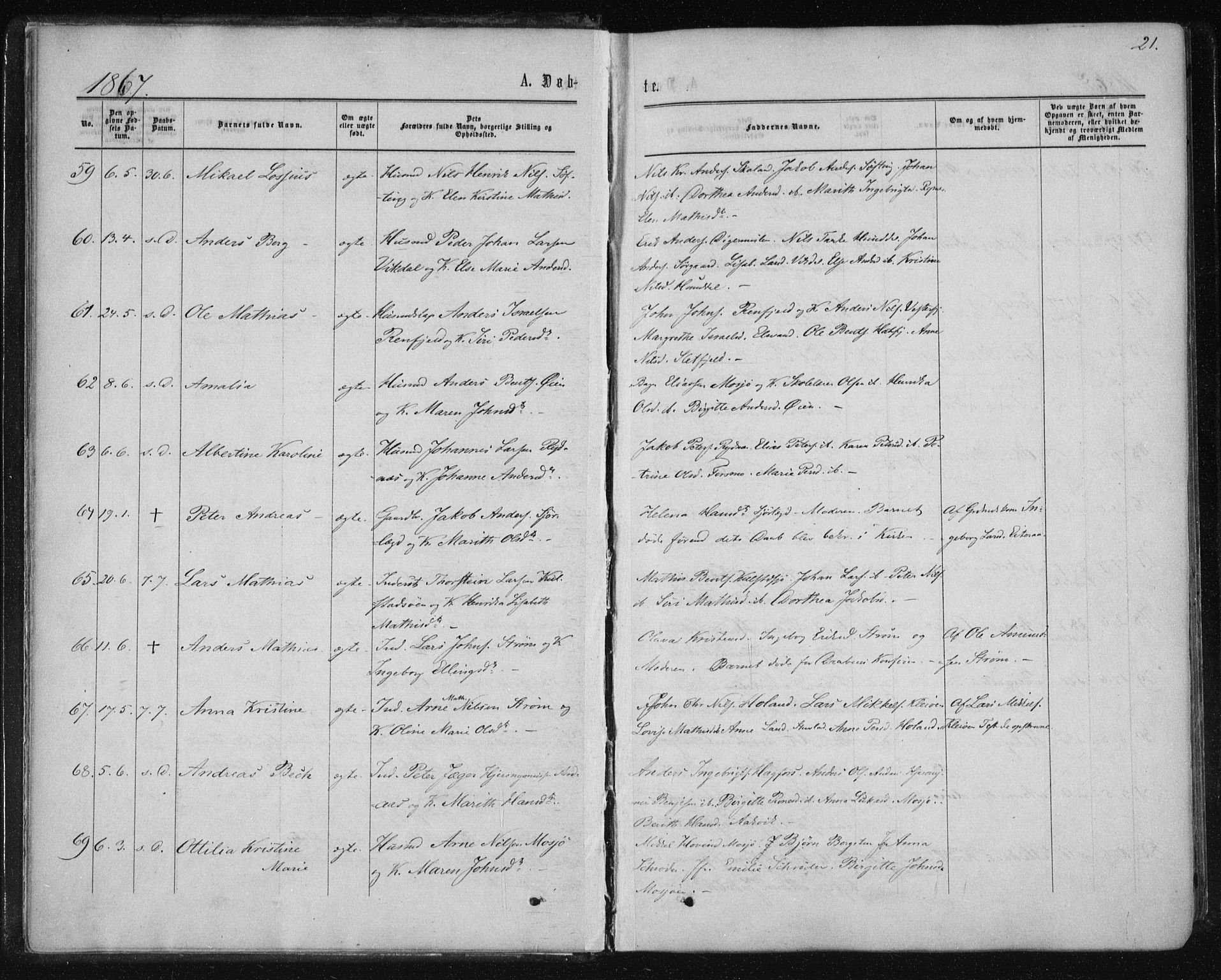 Ministerialprotokoller, klokkerbøker og fødselsregistre - Nordland, AV/SAT-A-1459/820/L0294: Parish register (official) no. 820A15, 1866-1879, p. 21