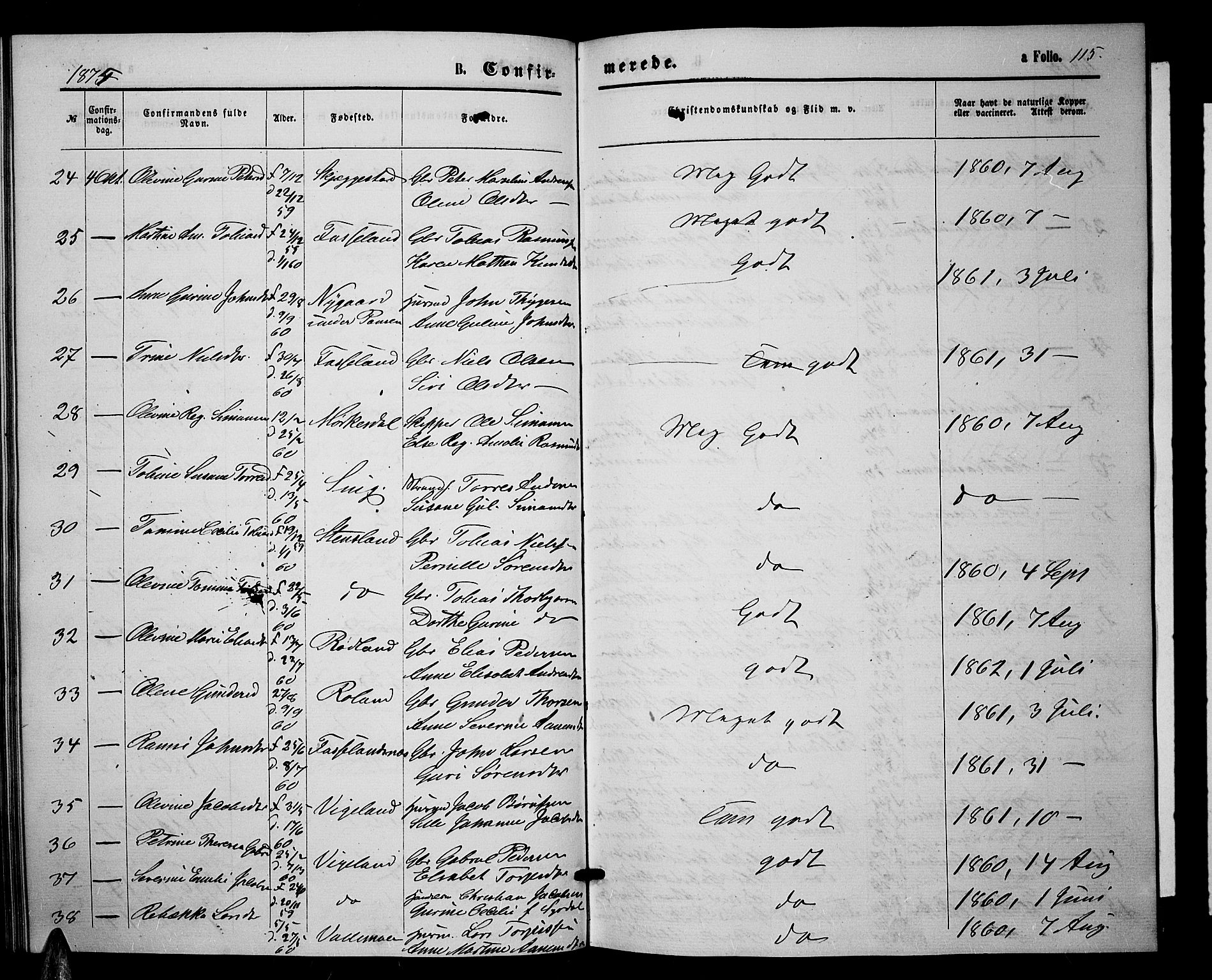 Sør-Audnedal sokneprestkontor, AV/SAK-1111-0039/F/Fb/Fbb/L0004: Parish register (copy) no. B 4, 1868-1879, p. 115