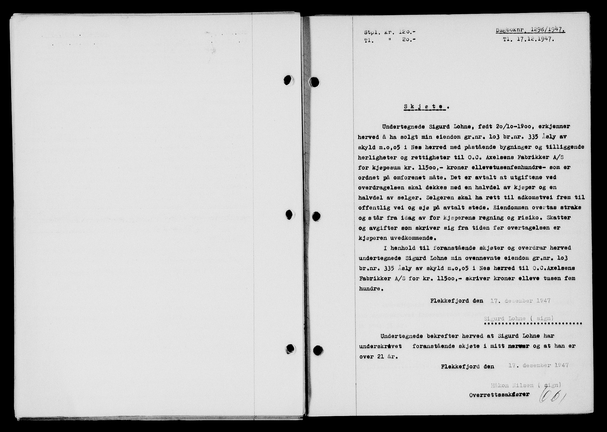 Flekkefjord sorenskriveri, SAK/1221-0001/G/Gb/Gba/L0063: Mortgage book no. A-11, 1947-1948, Diary no: : 1298/1947