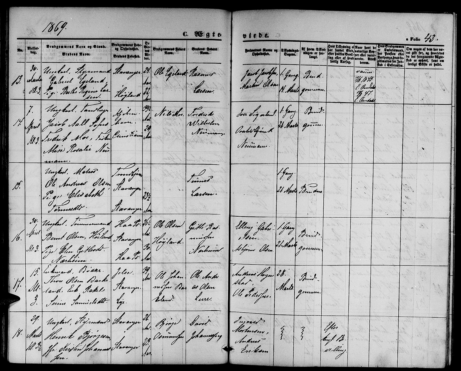 St. Petri sokneprestkontor, AV/SAST-A-101813/001/30/30BB/L0002: Parish register (copy) no. B 2, 1865-1885, p. 43