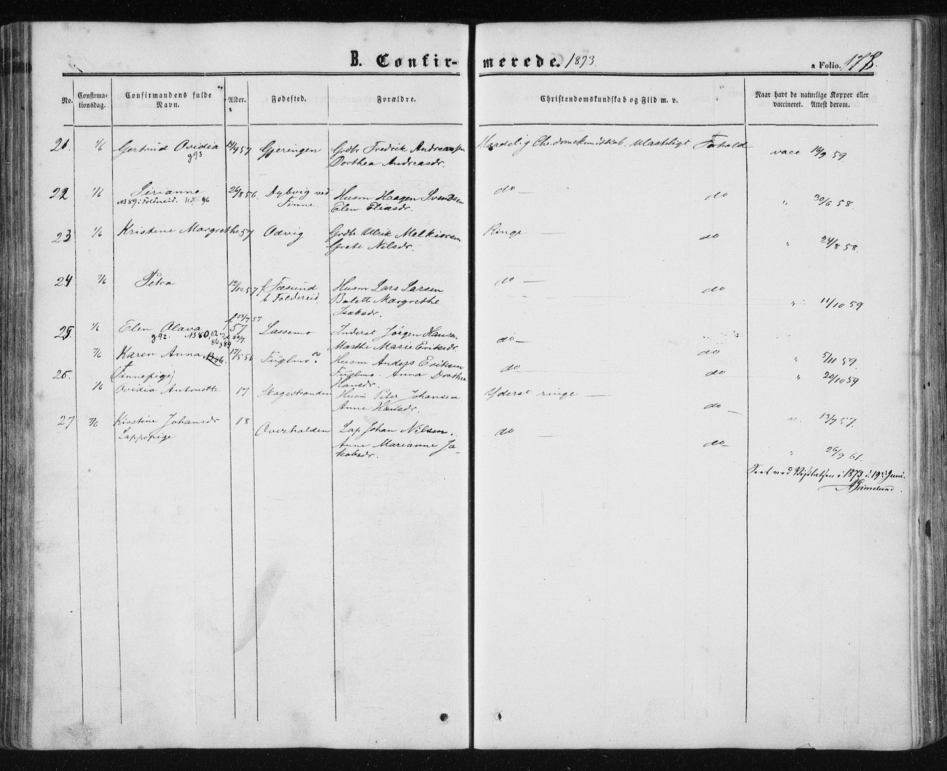 Ministerialprotokoller, klokkerbøker og fødselsregistre - Nord-Trøndelag, SAT/A-1458/780/L0641: Parish register (official) no. 780A06, 1857-1874, p. 178