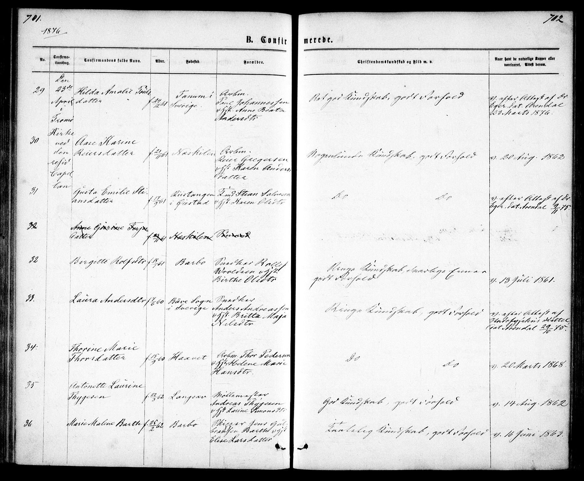 Tromøy sokneprestkontor, AV/SAK-1111-0041/F/Fa/L0008: Parish register (official) no. A 8, 1870-1877, p. 701-702