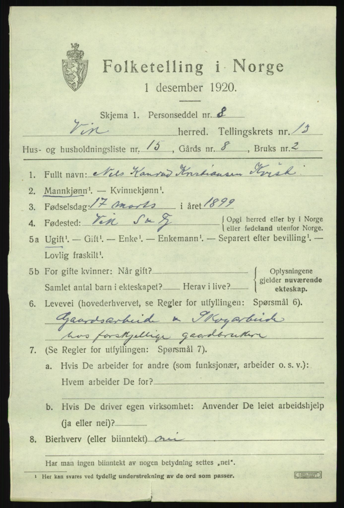 SAB, 1920 census for Vik, 1920, p. 7313