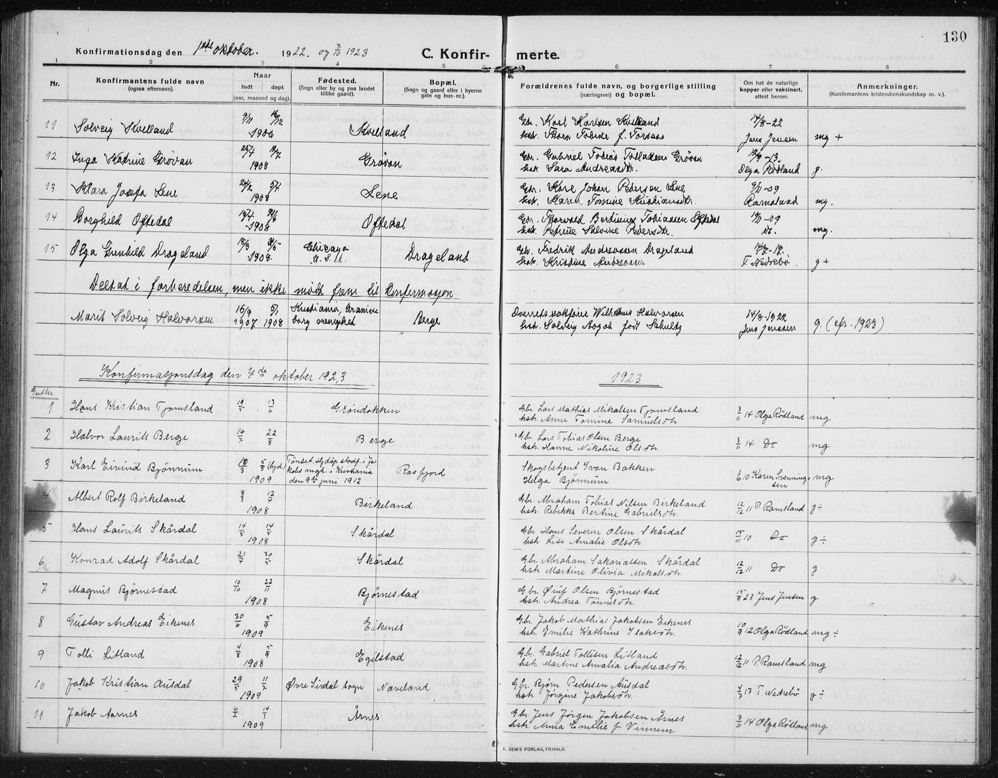 Lyngdal sokneprestkontor, AV/SAK-1111-0029/F/Fb/Fbc/L0006: Parish register (copy) no. B 6, 1914-1934, p. 130