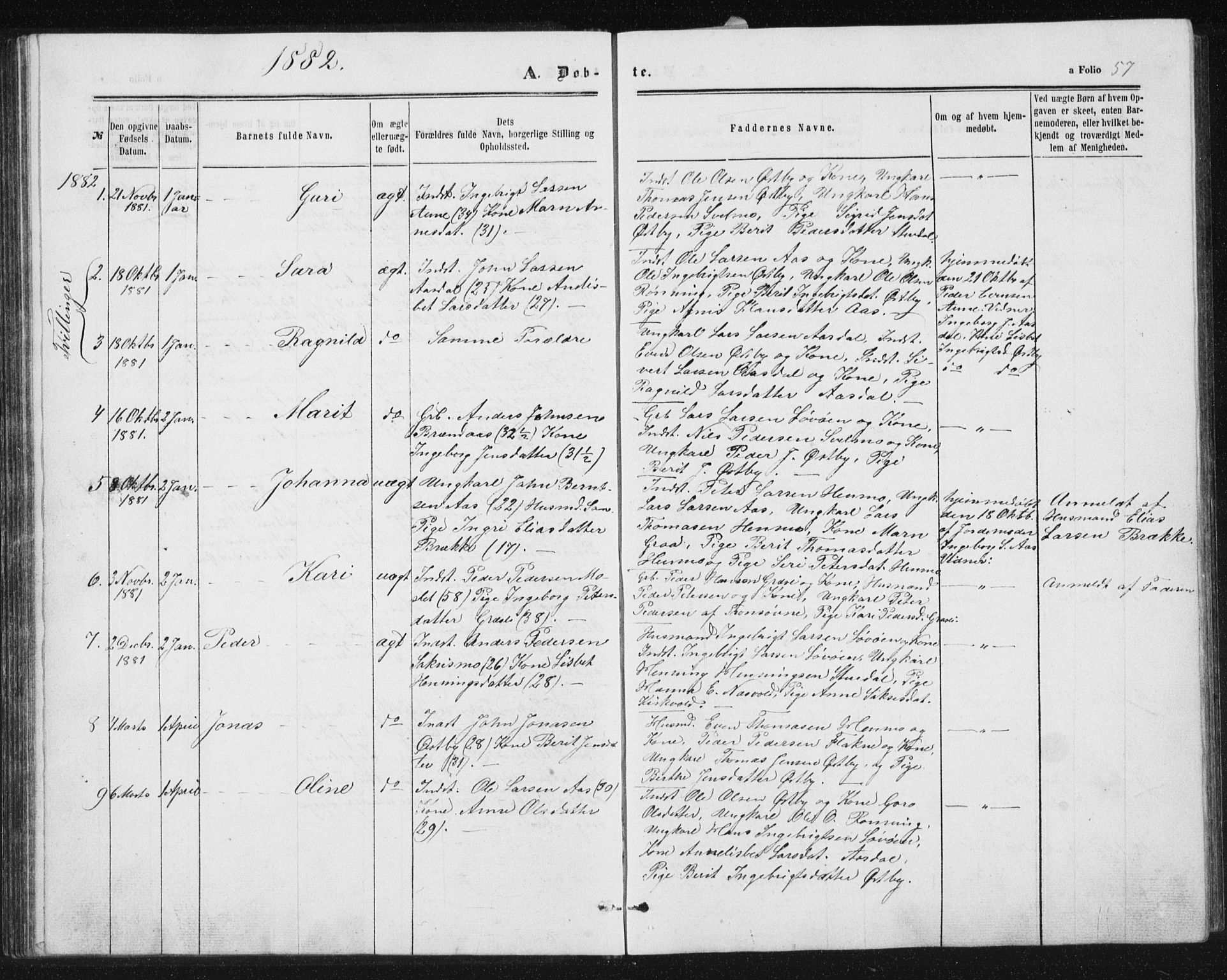Ministerialprotokoller, klokkerbøker og fødselsregistre - Sør-Trøndelag, SAT/A-1456/698/L1166: Parish register (copy) no. 698C03, 1861-1887, p. 57