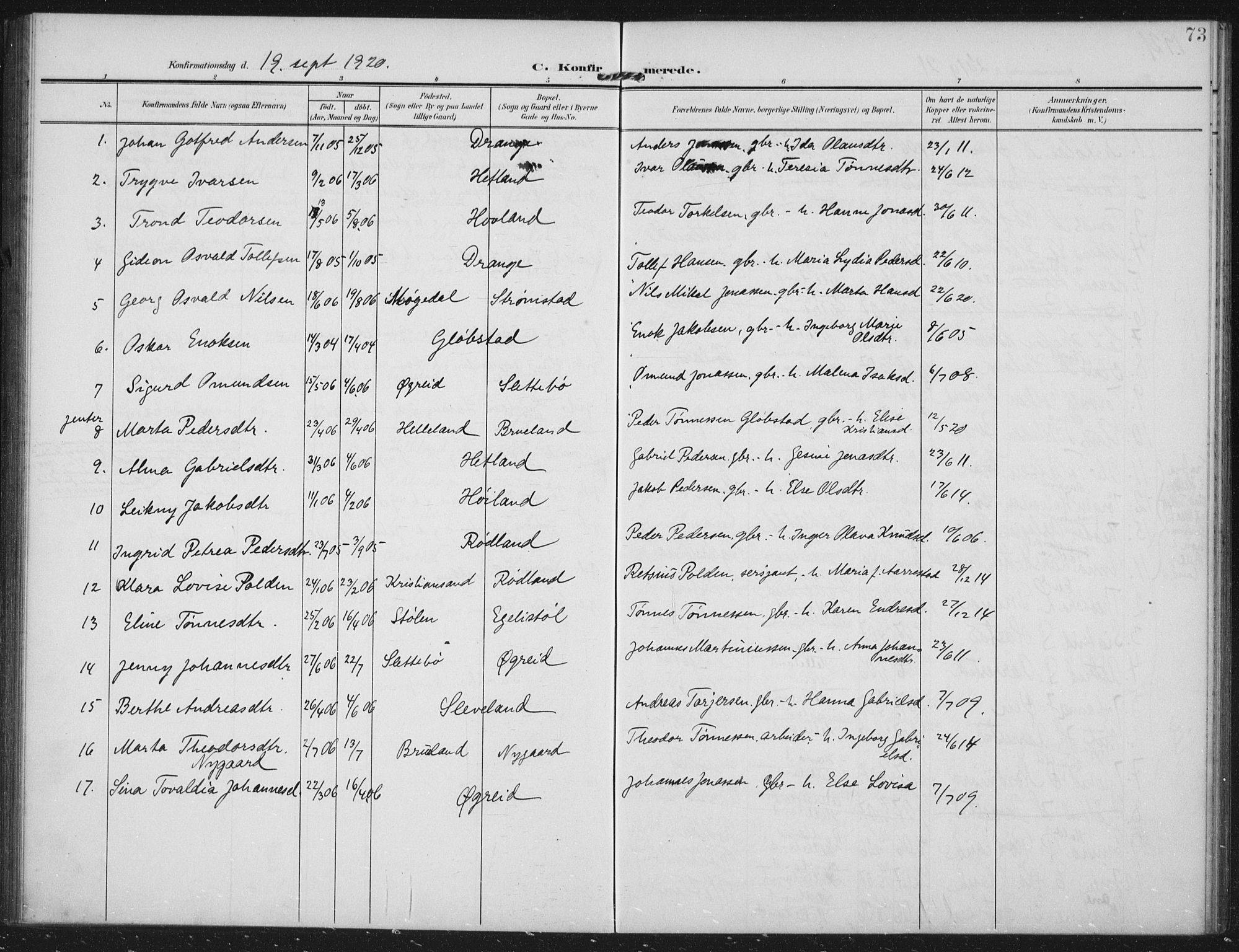 Helleland sokneprestkontor, SAST/A-101810: Parish register (official) no. A 12, 1906-1923, p. 73