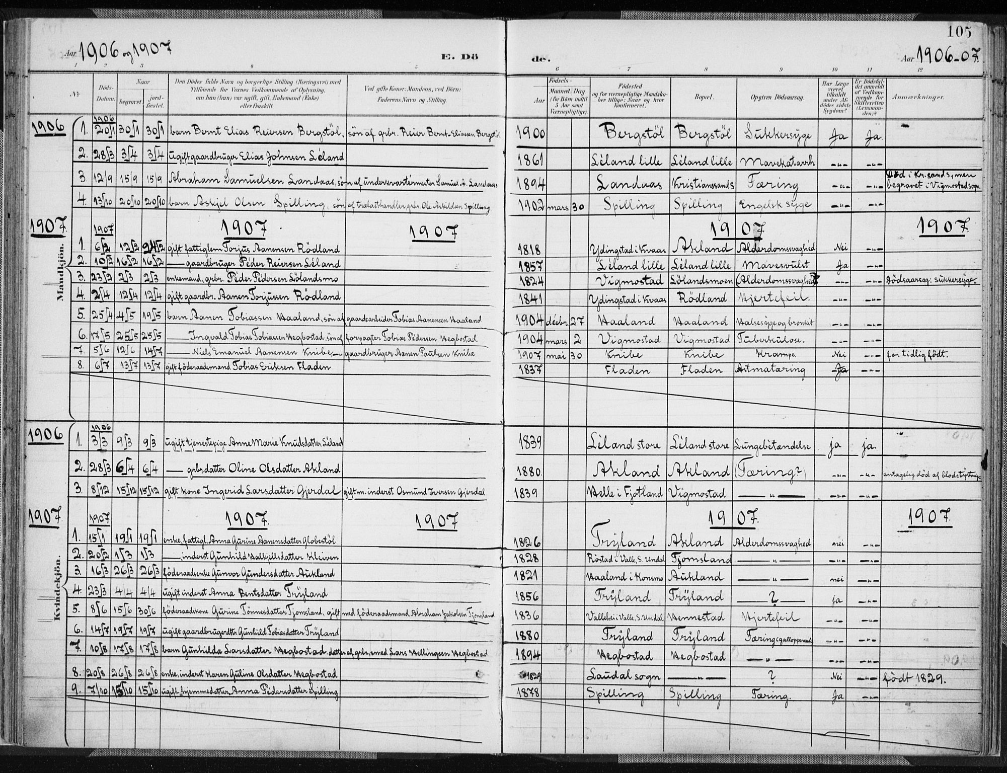 Nord-Audnedal sokneprestkontor, SAK/1111-0032/F/Fa/Fab/L0004: Parish register (official) no. A 4, 1901-1917, p. 105