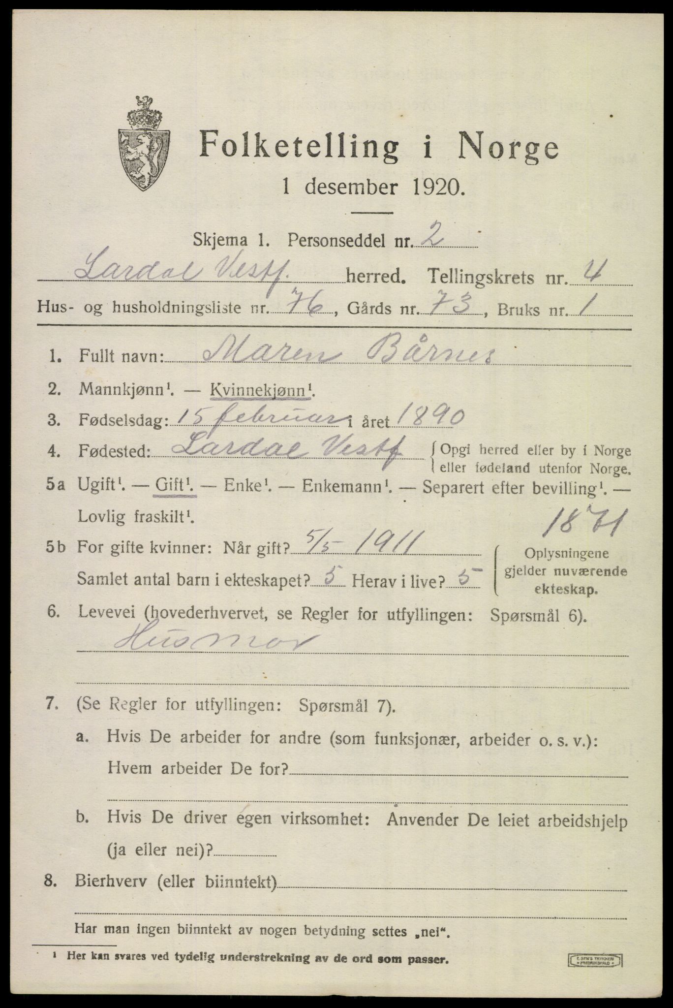 SAKO, 1920 census for Lardal, 1920, p. 4389