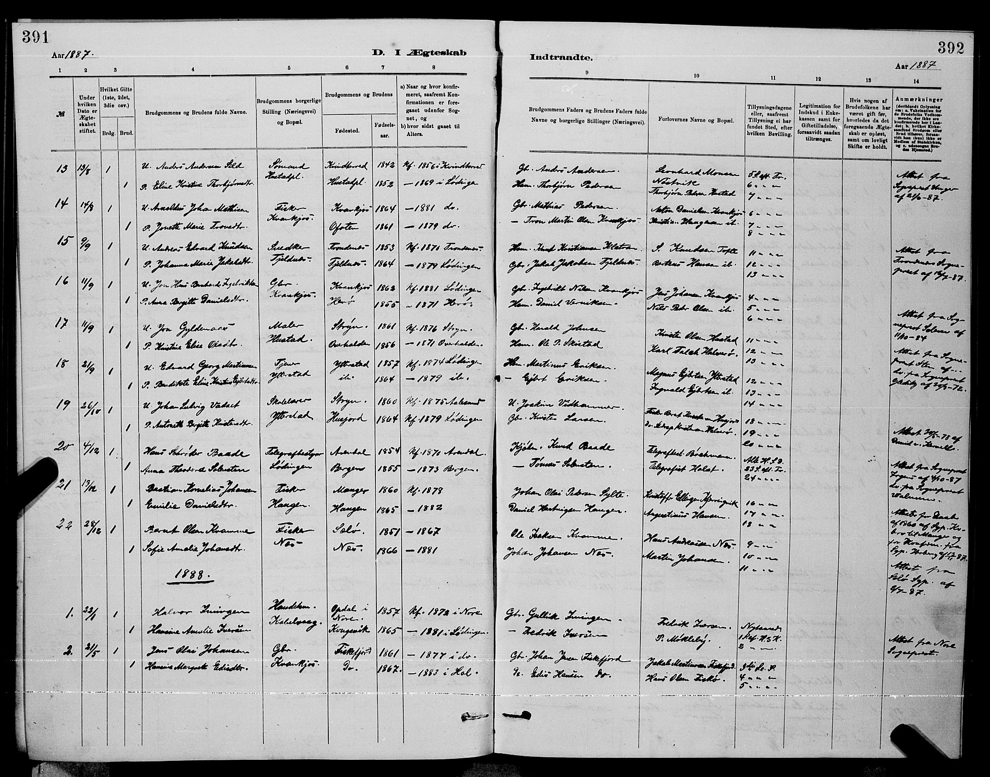 Ministerialprotokoller, klokkerbøker og fødselsregistre - Nordland, AV/SAT-A-1459/872/L1047: Parish register (copy) no. 872C03, 1880-1897, p. 391-392