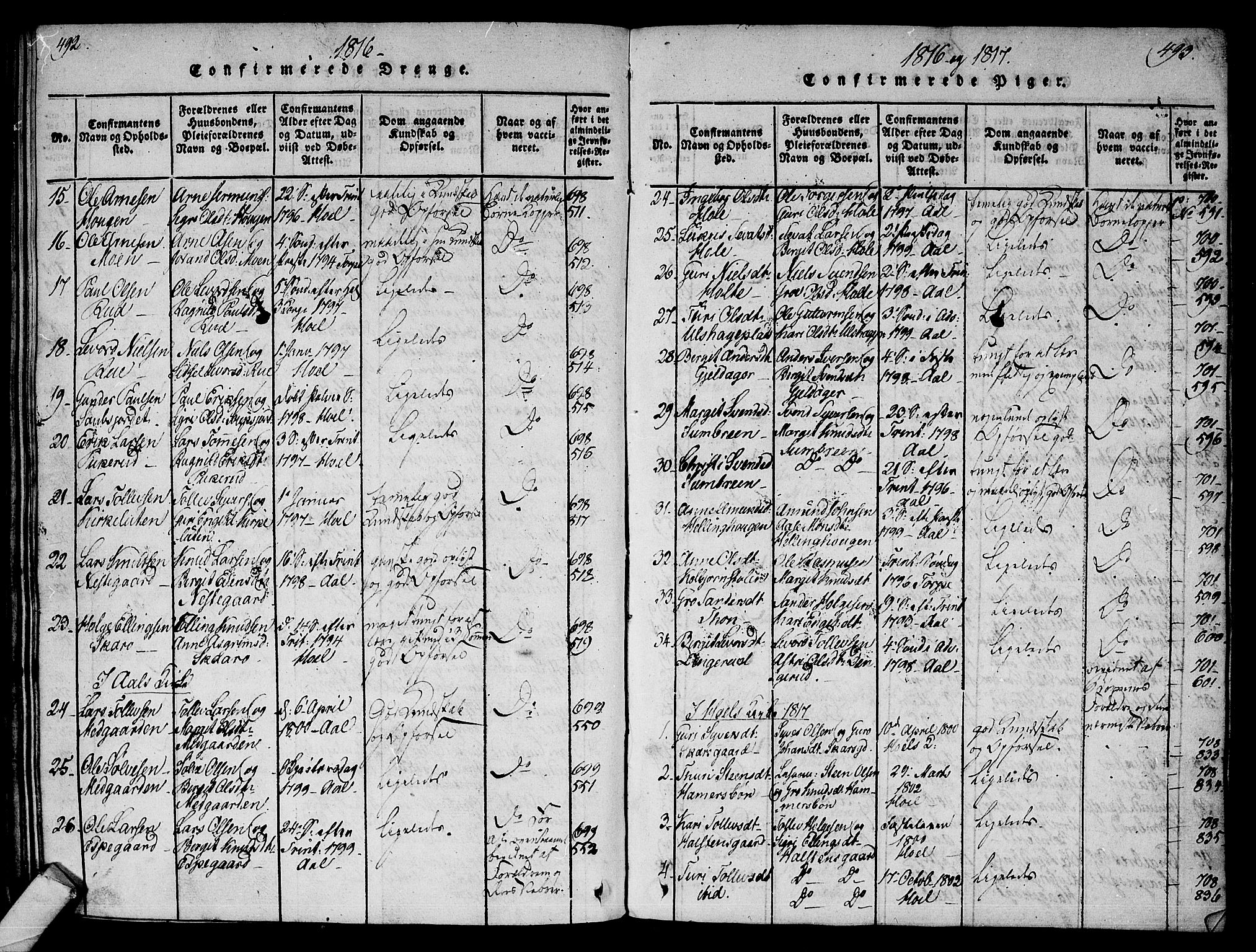 Ål kirkebøker, SAKO/A-249/F/Fa/L0004: Parish register (official) no. I 4, 1815-1825, p. 492-493