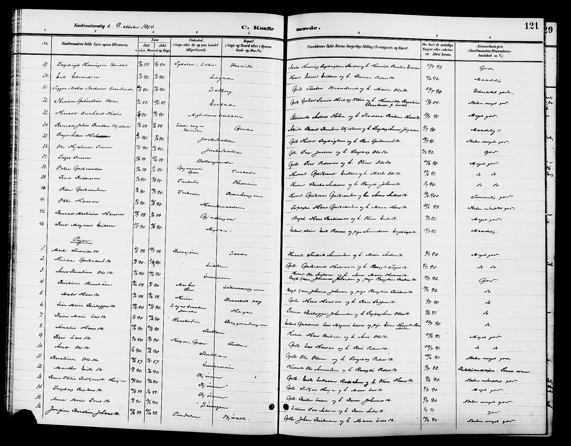 Jevnaker prestekontor, SAH/PREST-116/H/Ha/Hab/L0003: Parish register (copy) no. 3, 1896-1909, p. 121