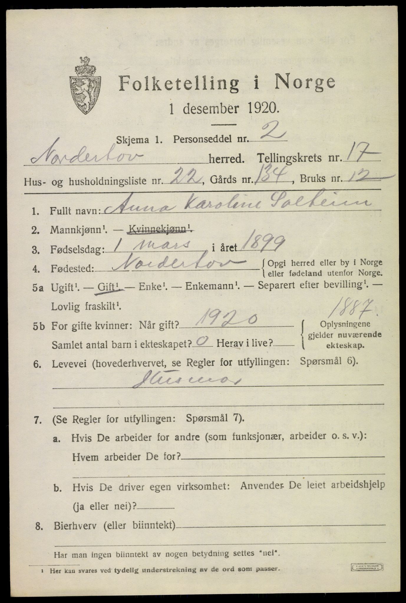 SAKO, 1920 census for Norderhov, 1920, p. 18716
