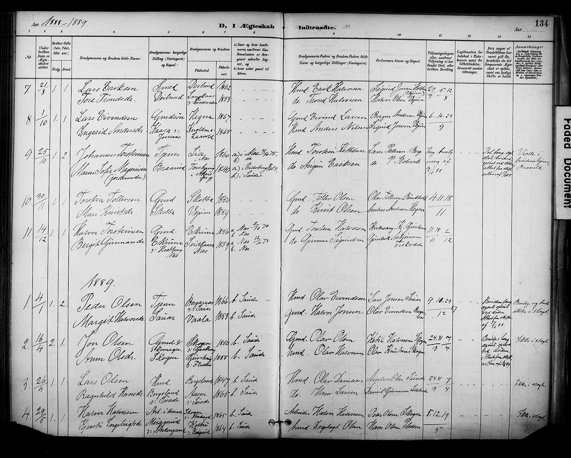 Sauherad kirkebøker, SAKO/A-298/F/Fa/L0009: Parish register (official) no. I 9, 1887-1912, p. 134