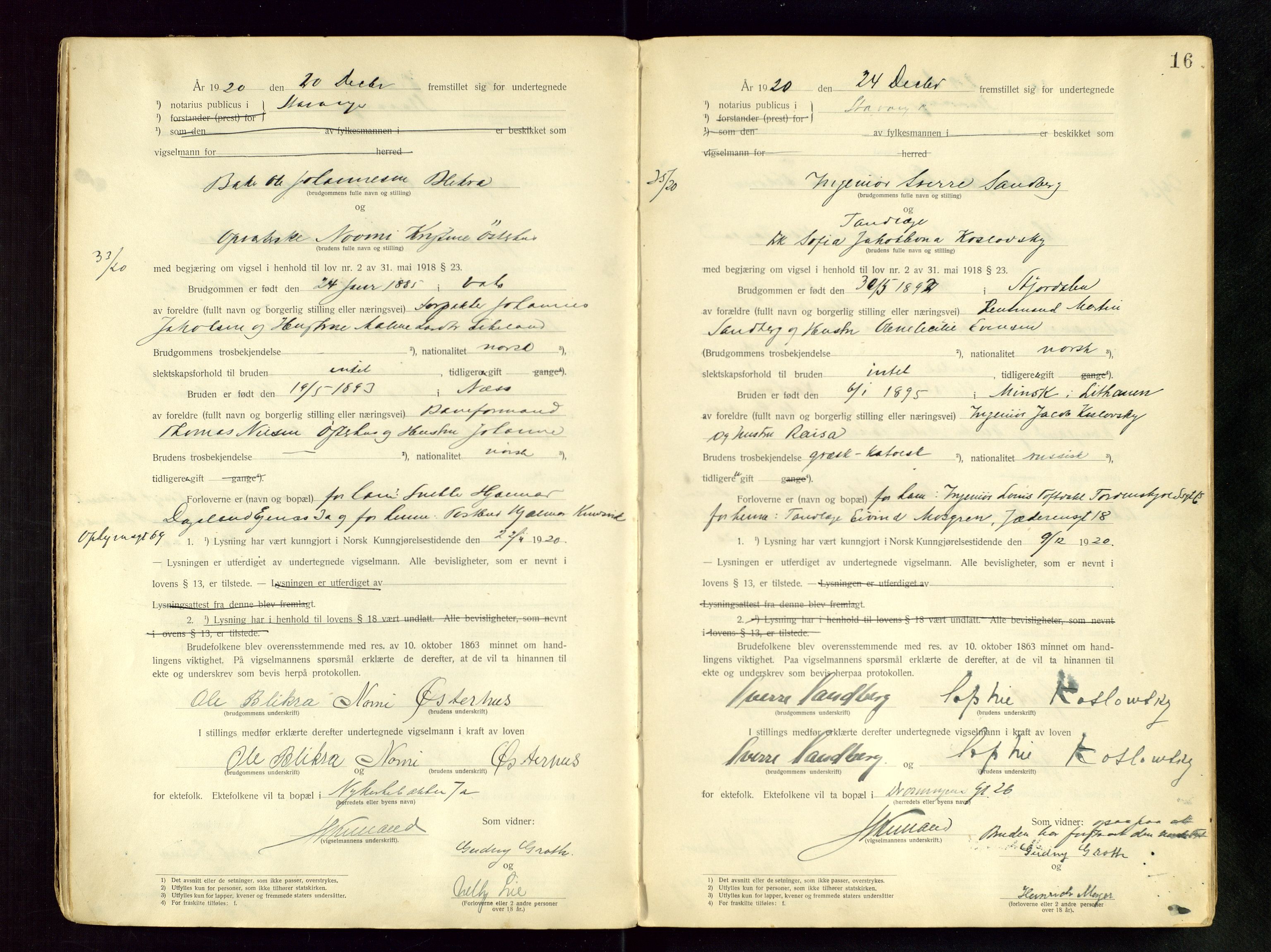 Stavanger byfogd, AV/SAST-A-101408/001/6/62/62BB/L0001: Vigselsprotokoll, 1920-1926, p. 16