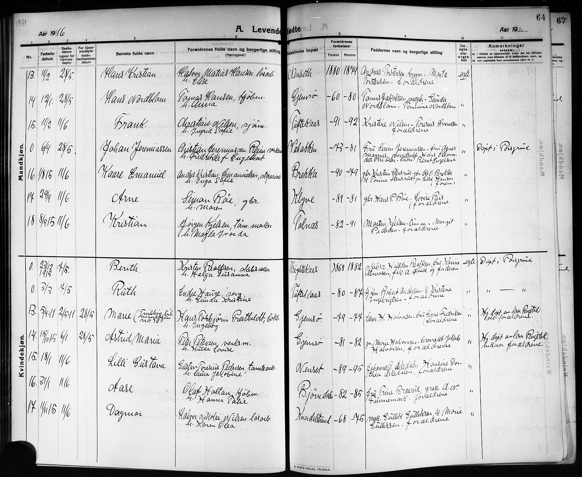 Solum kirkebøker, AV/SAKO-A-306/G/Ga/L0009: Parish register (copy) no. I 9, 1909-1922, p. 64