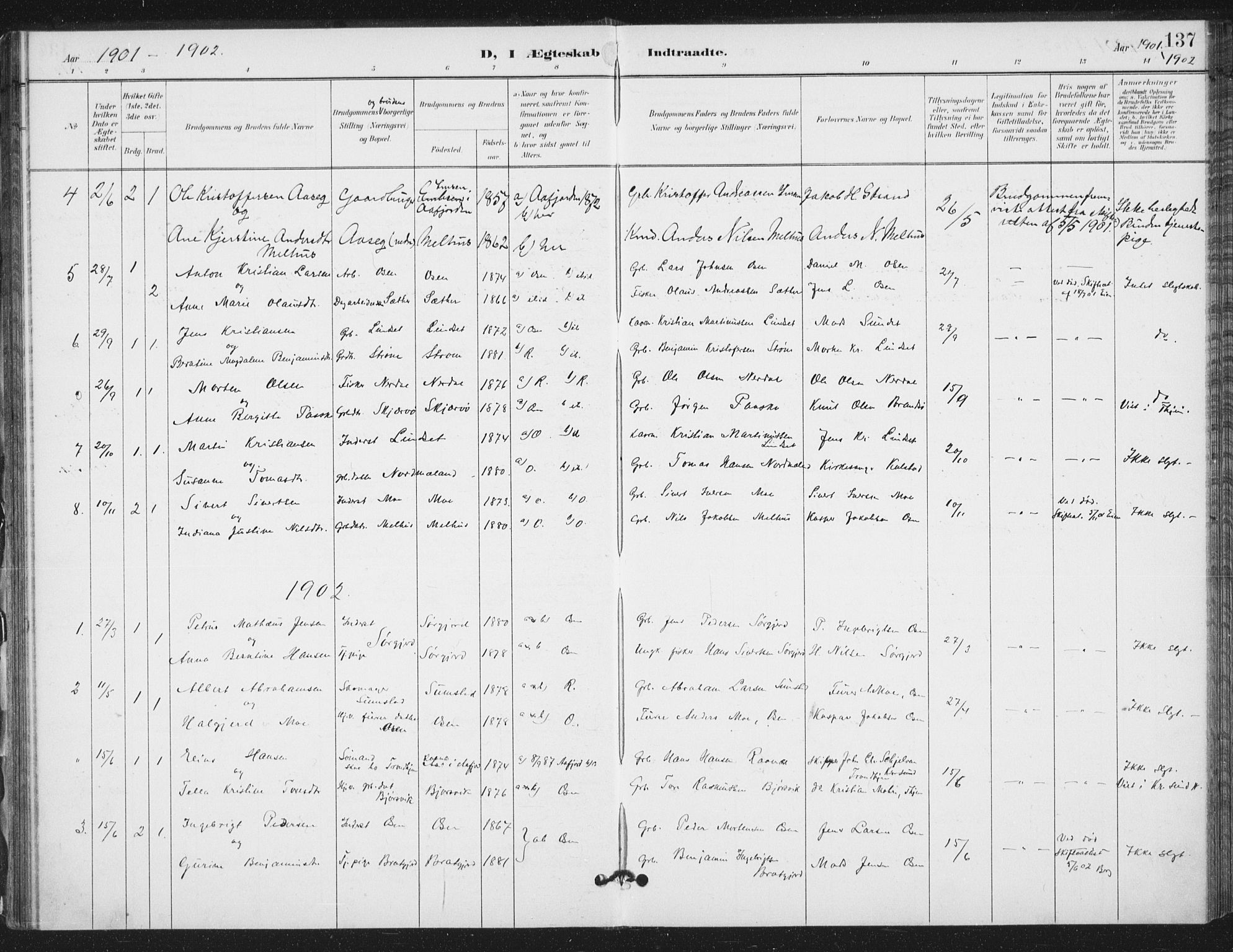 Ministerialprotokoller, klokkerbøker og fødselsregistre - Sør-Trøndelag, SAT/A-1456/658/L0723: Parish register (official) no. 658A02, 1897-1912, p. 137