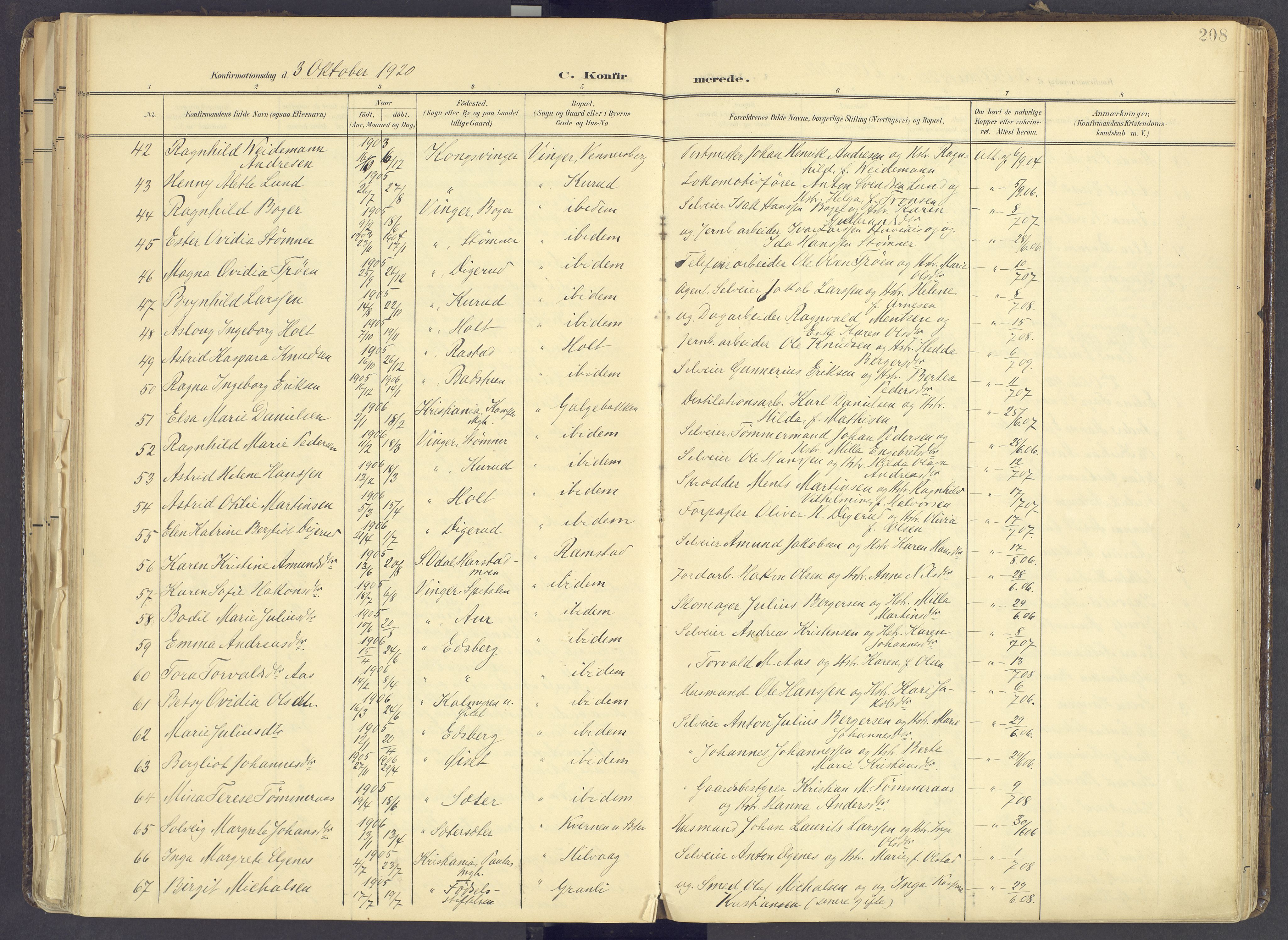 Vinger prestekontor, AV/SAH-PREST-024/H/Ha/Haa/L0017: Parish register (official) no. 17, 1901-1927, p. 208