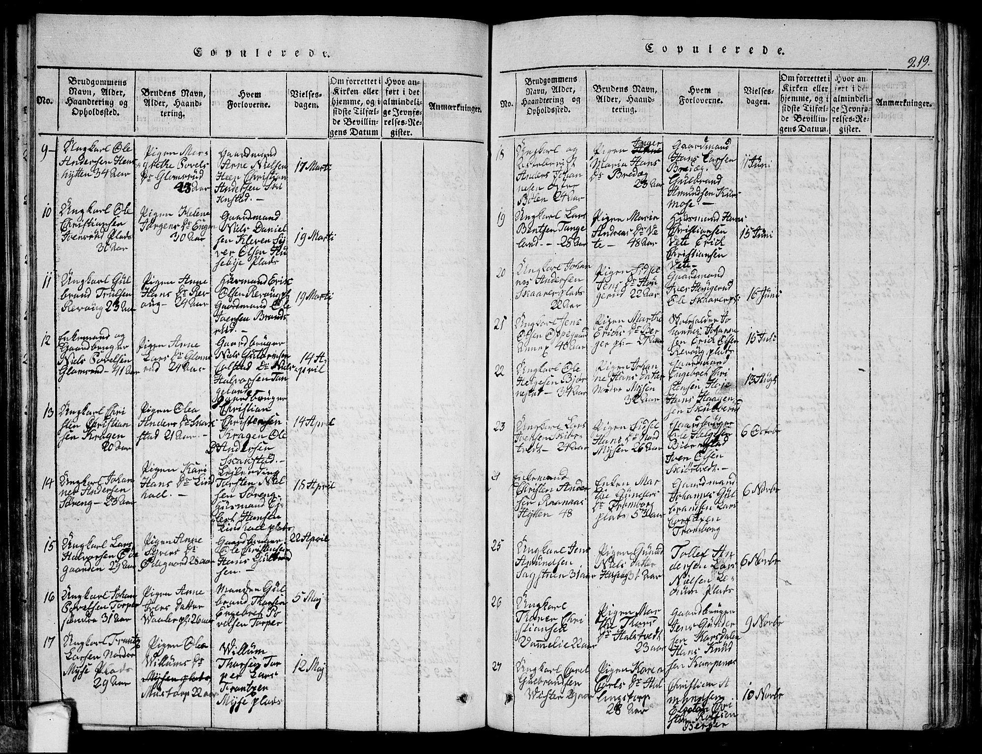 Eidsberg prestekontor Kirkebøker, AV/SAO-A-10905/G/Ga/L0001: Parish register (copy) no. I 1, 1814-1831, p. 219