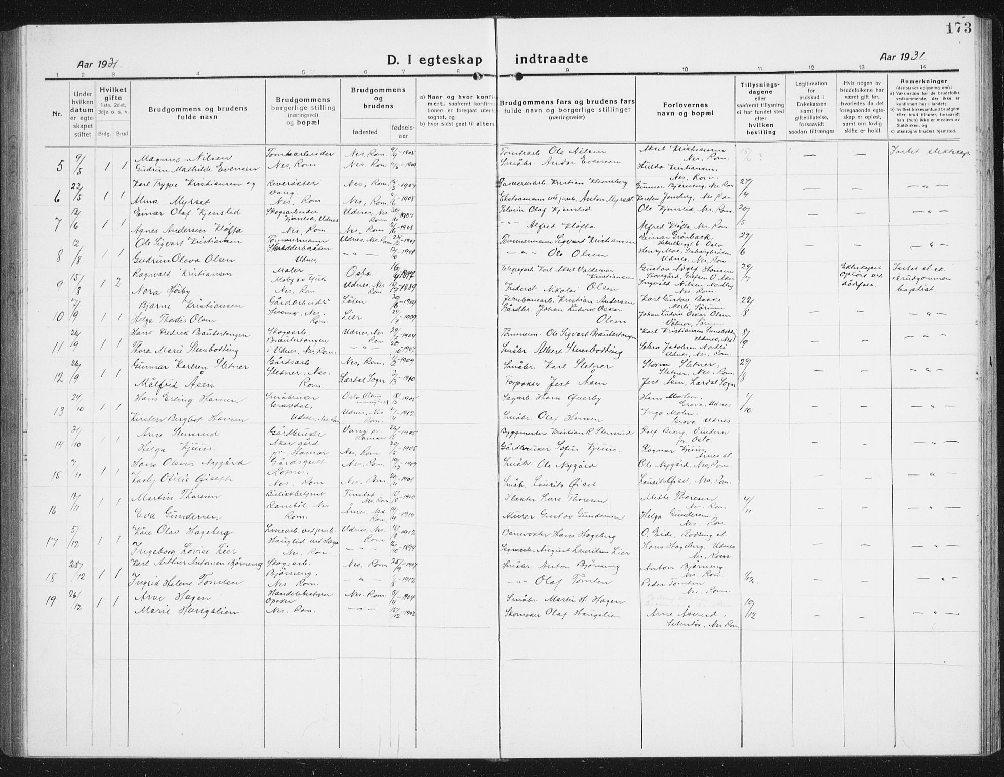 Nes prestekontor Kirkebøker, AV/SAO-A-10410/G/Gc/L0002: Parish register (copy) no. III 2, 1915-1943, p. 173