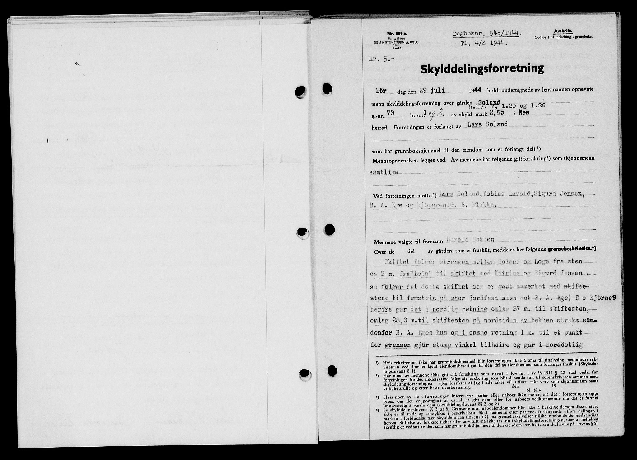 Flekkefjord sorenskriveri, SAK/1221-0001/G/Gb/Gba/L0059: Mortgage book no. A-7, 1944-1945, Diary no: : 540/1944