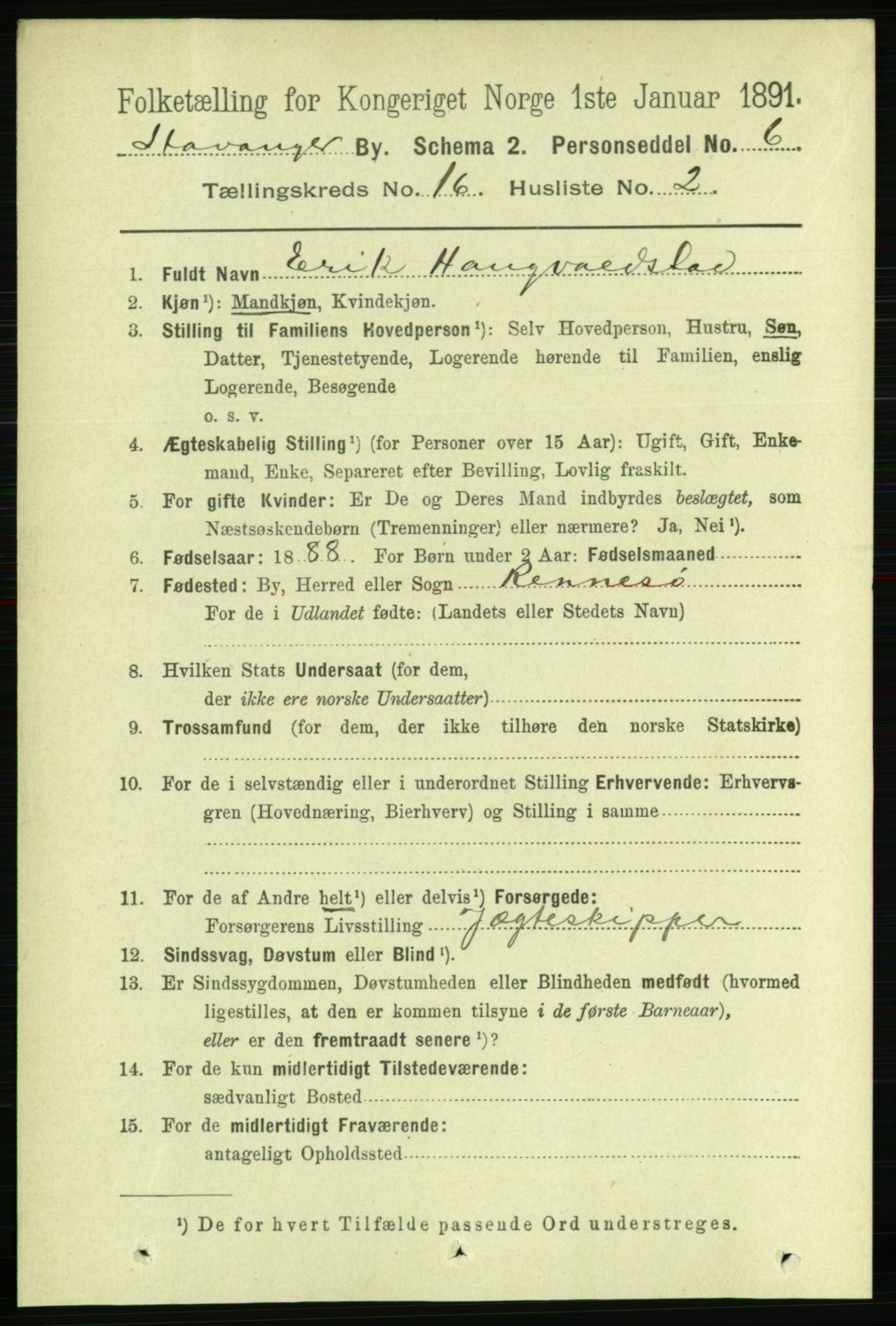 RA, 1891 census for 1103 Stavanger, 1891, p. 18851