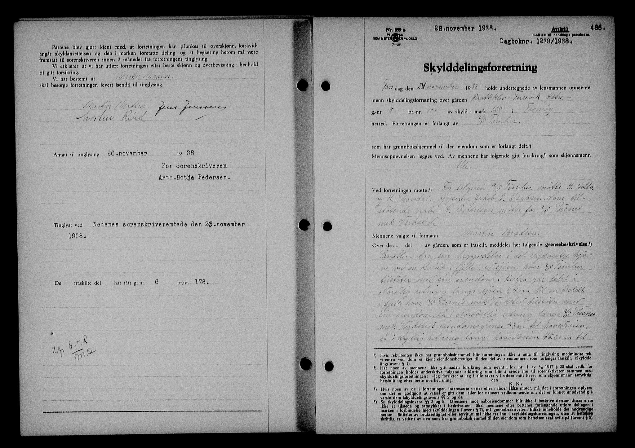 Nedenes sorenskriveri, SAK/1221-0006/G/Gb/Gba/L0045: Mortgage book no. 41, 1938-1938, Diary no: : 1233/1938