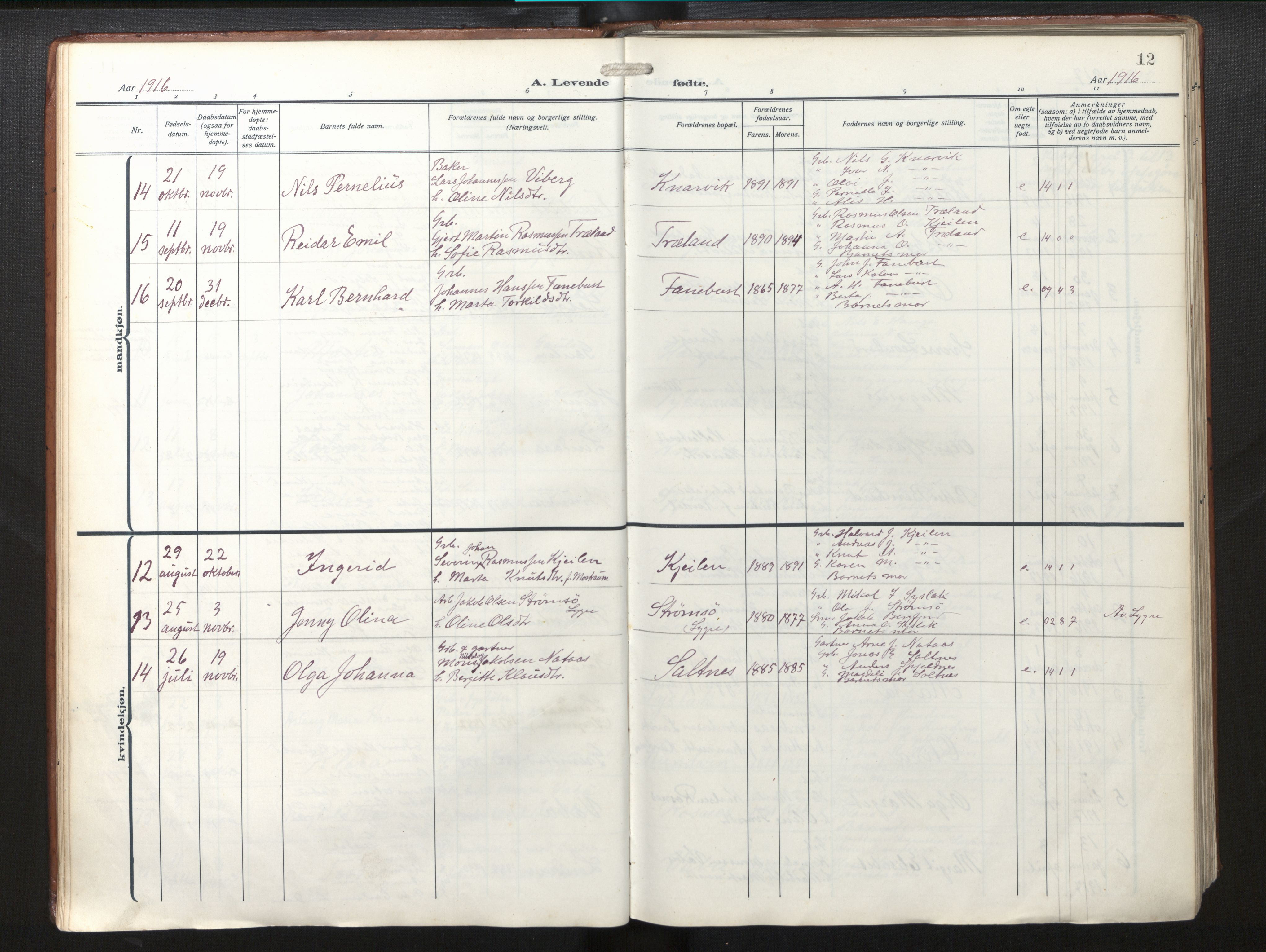 Lindås Sokneprestembete, SAB/A-76701/H/Haa/Haab/L0003: Parish register (official) no. B 3, 1912-1929, p. 12