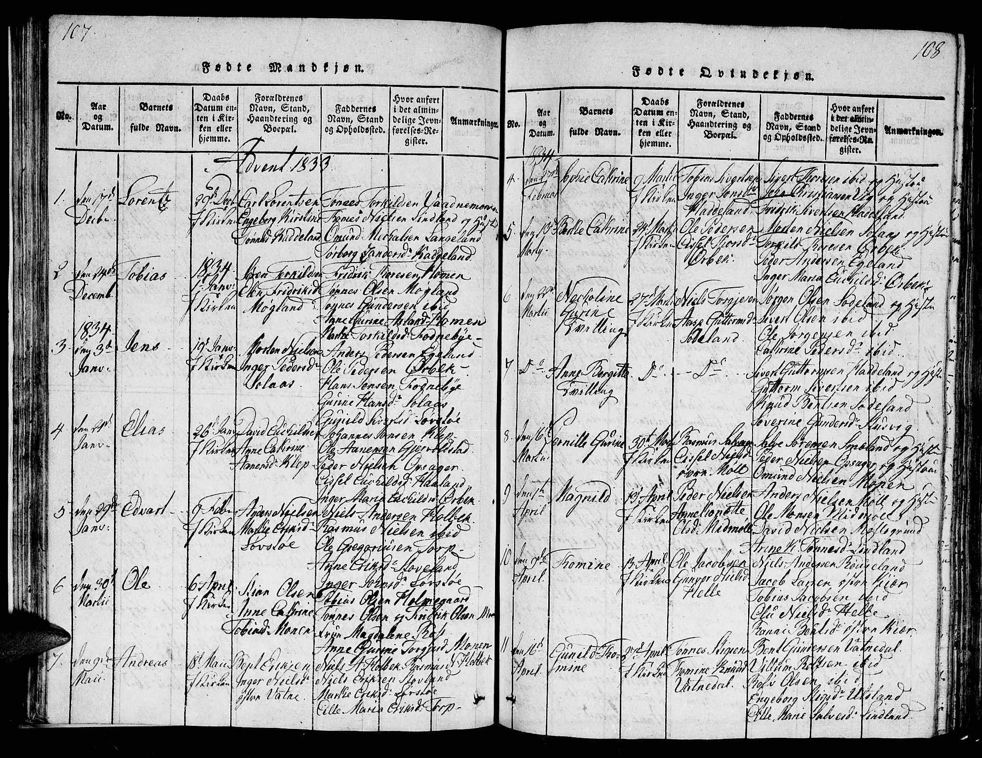 Holum sokneprestkontor, AV/SAK-1111-0022/F/Fb/Fba/L0002: Parish register (copy) no. B 2, 1820-1849, p. 107-108