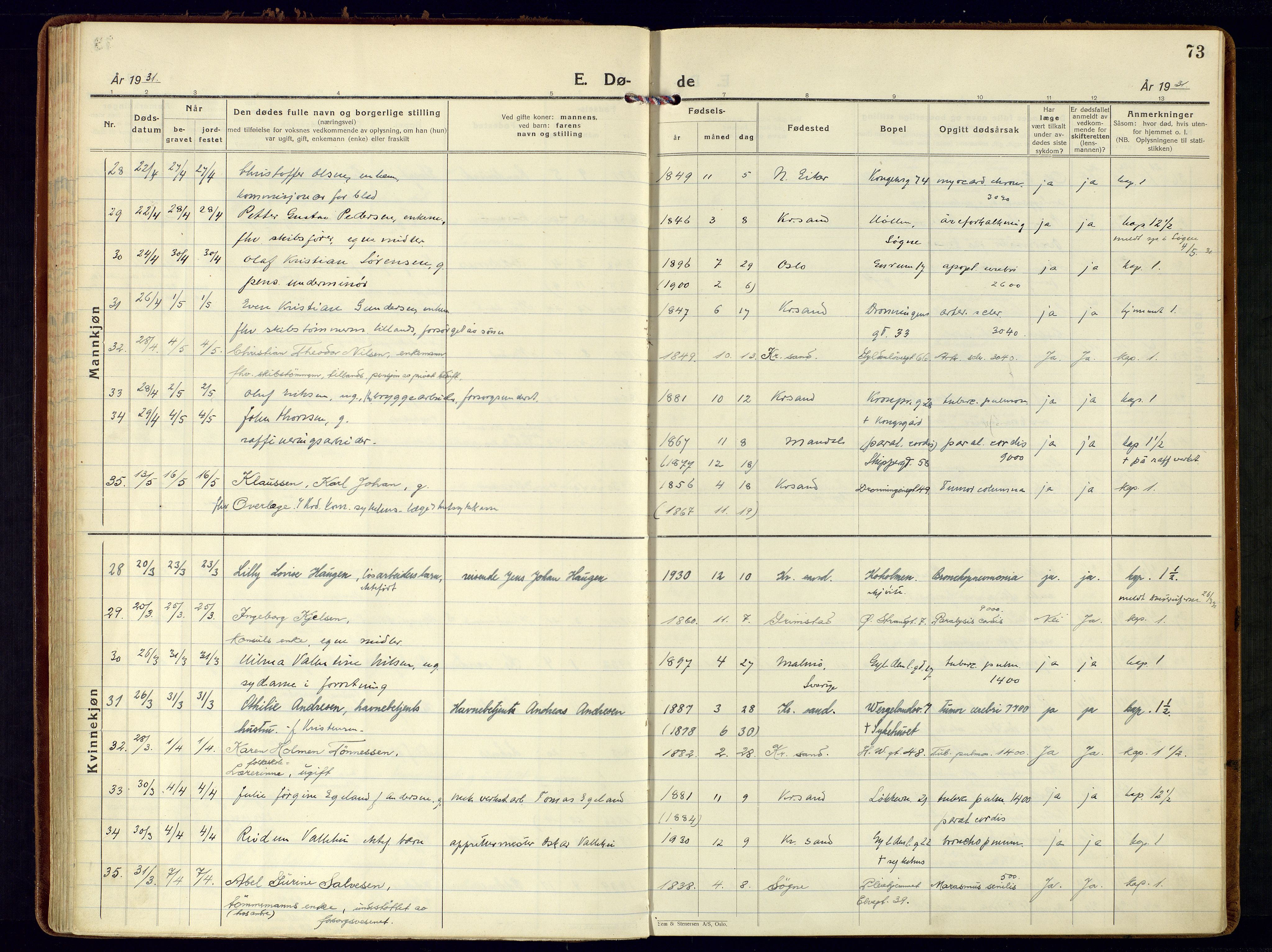 Kristiansand domprosti, AV/SAK-1112-0006/F/Fa/L0030: Parish register (official) no. A 29, 1926-1937, p. 73