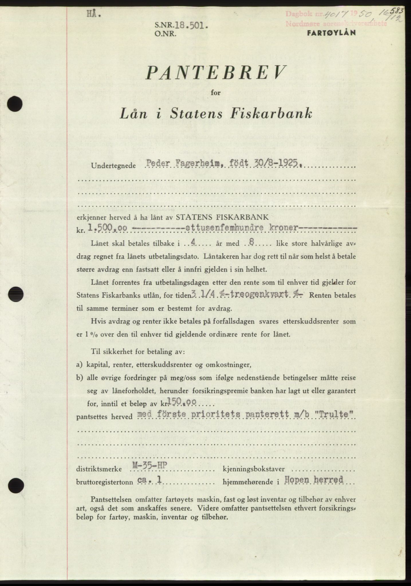 Nordmøre sorenskriveri, AV/SAT-A-4132/1/2/2Ca: Mortgage book no. B106, 1950-1950, Diary no: : 4017/1950