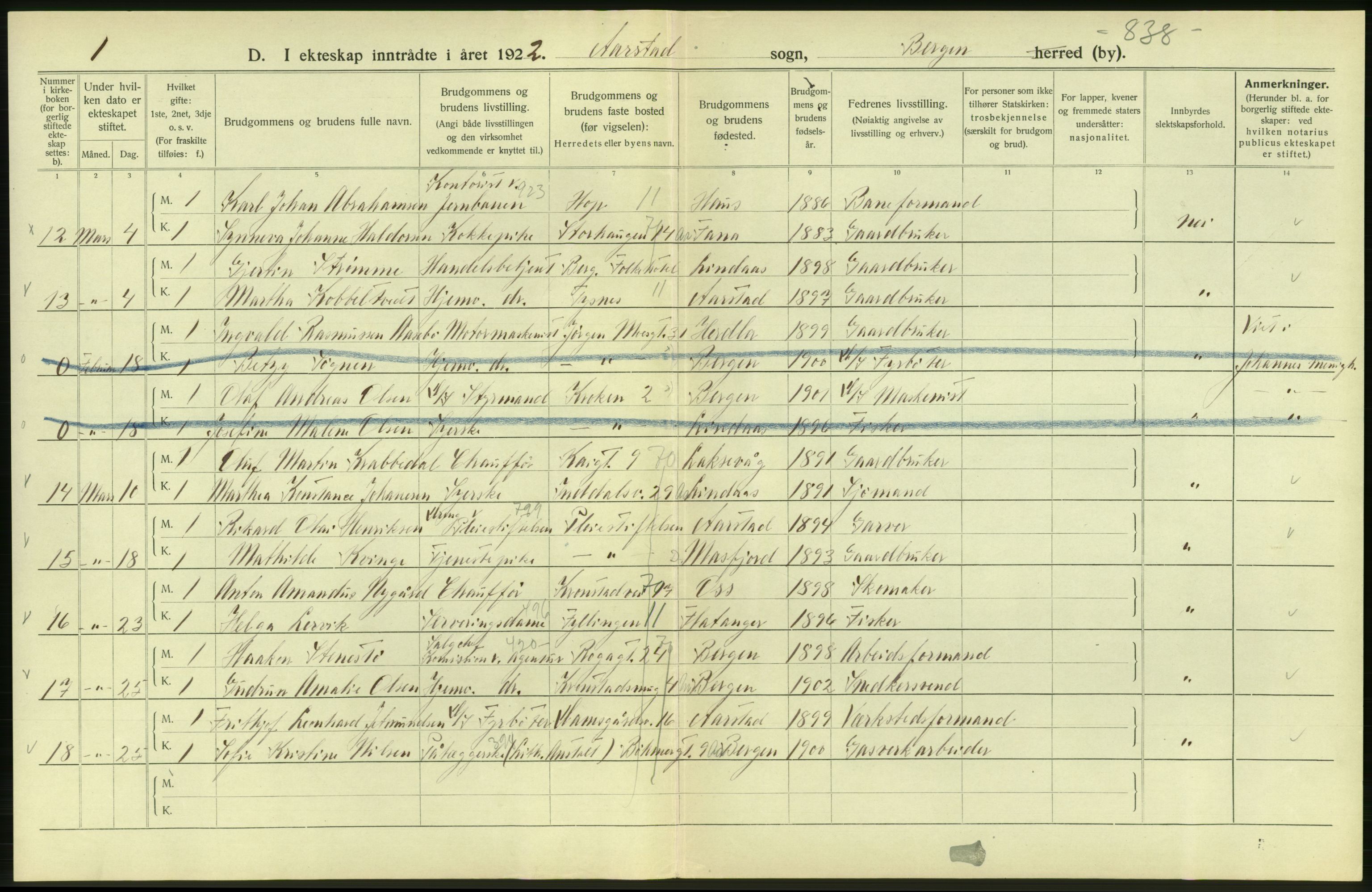 Statistisk sentralbyrå, Sosiodemografiske emner, Befolkning, AV/RA-S-2228/D/Df/Dfc/Dfcb/L0030: Bergen: Gifte, døde, dødfødte., 1922, p. 38