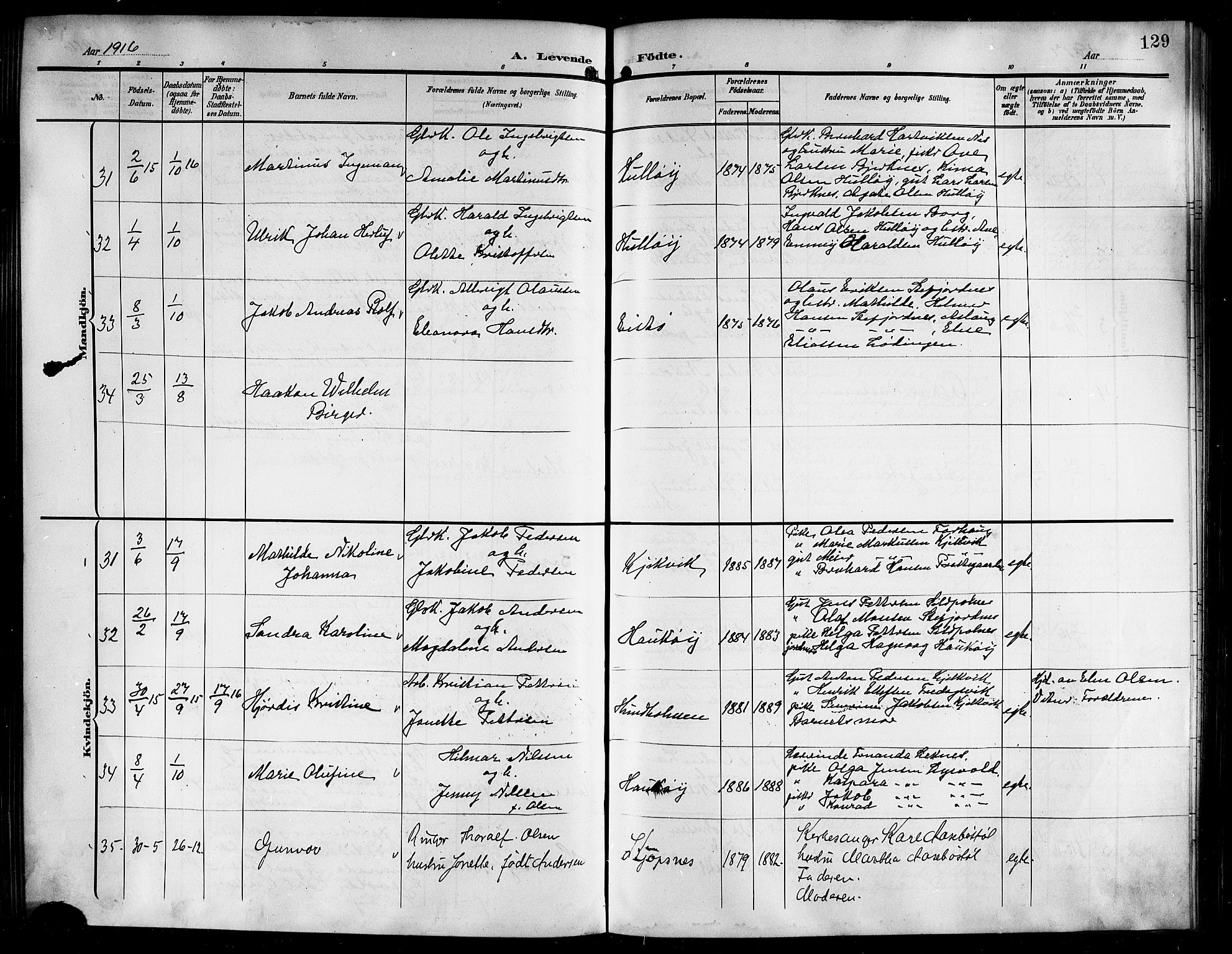 Ministerialprotokoller, klokkerbøker og fødselsregistre - Nordland, AV/SAT-A-1459/861/L0877: Parish register (copy) no. 861C03, 1903-1919, p. 129