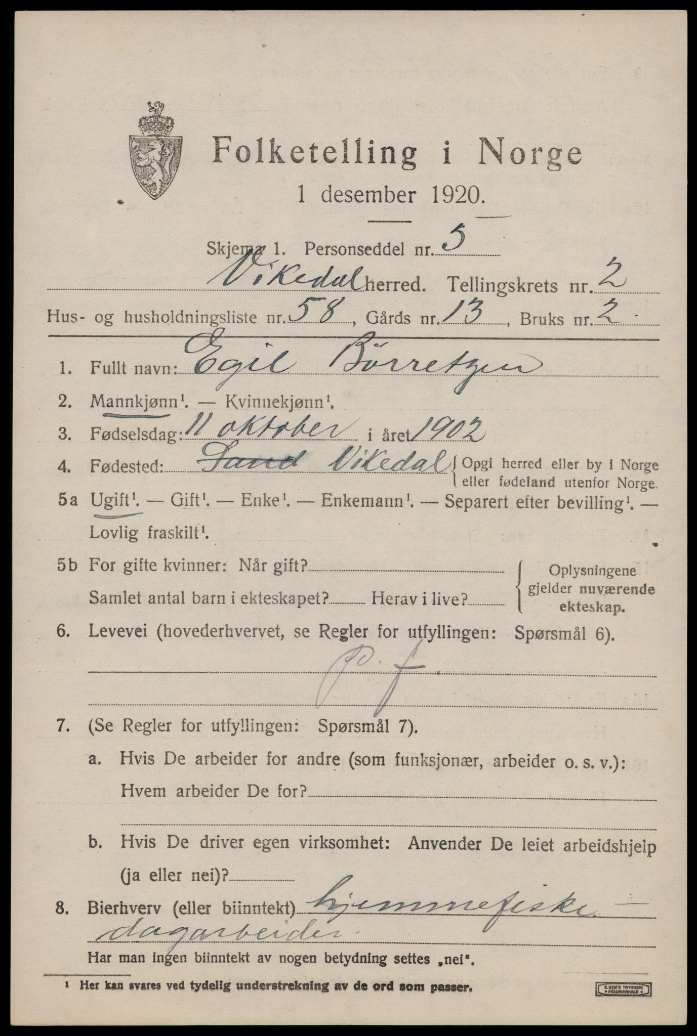 SAST, 1920 census for Vikedal, 1920, p. 1813